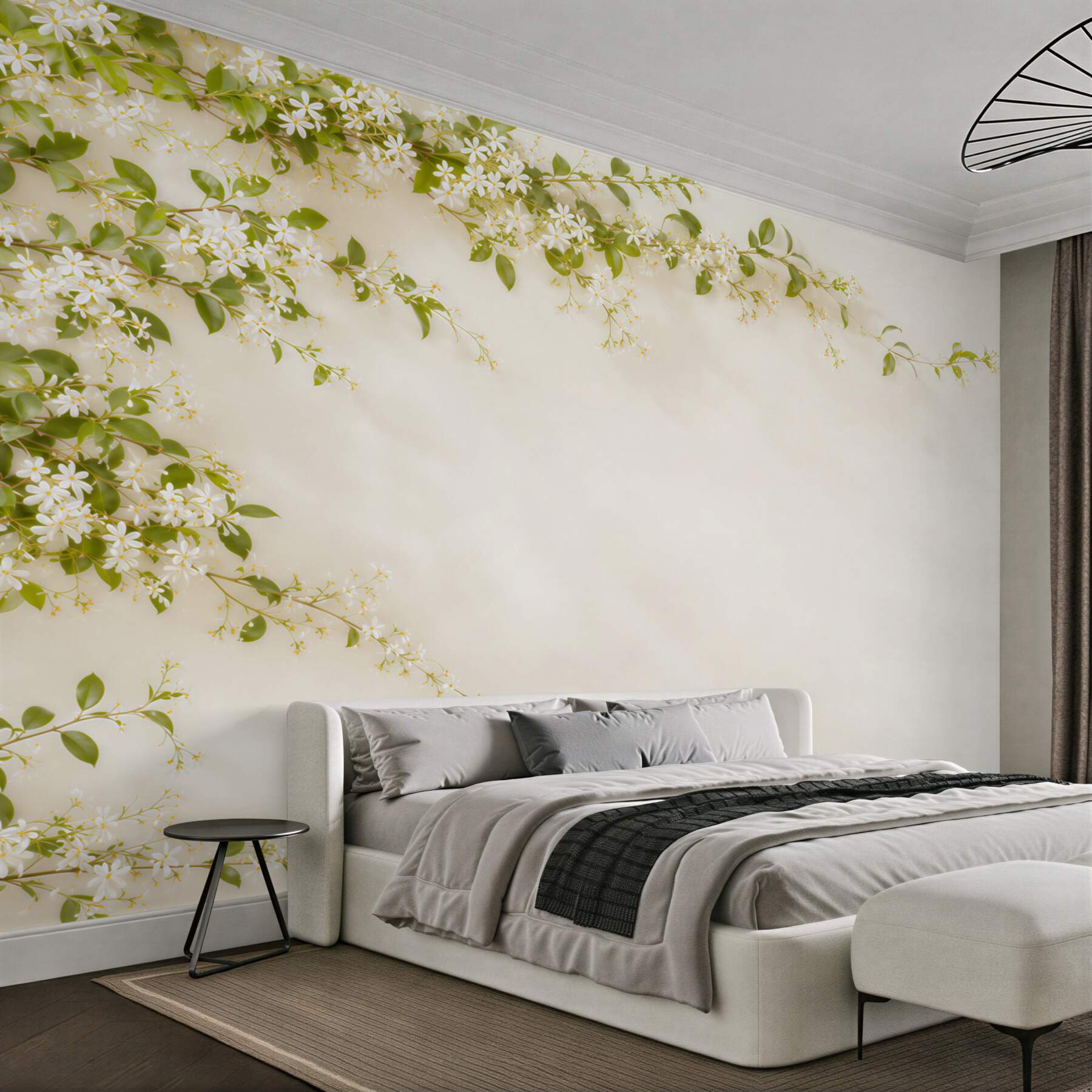 Papier peint fleurs blanches et branches vertes sur fond beige