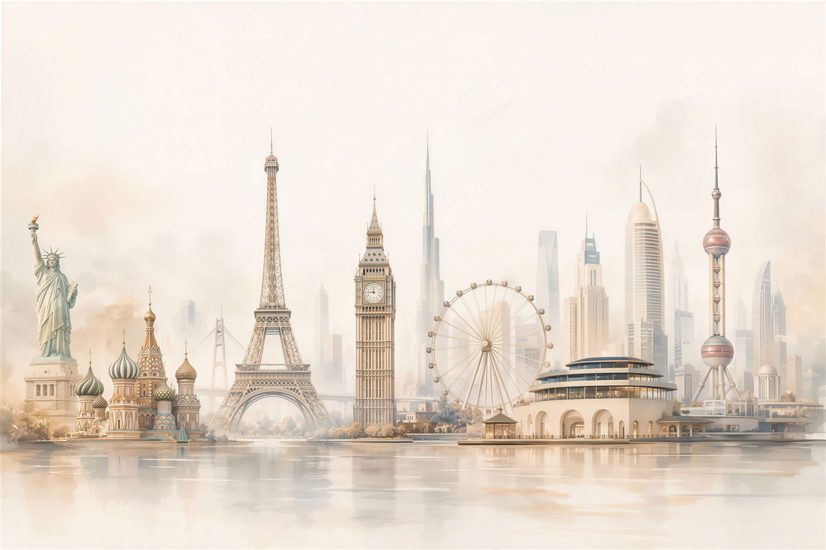 Papier peint panorama des monuments mondiaux dans des beiges clairs pour le salon
