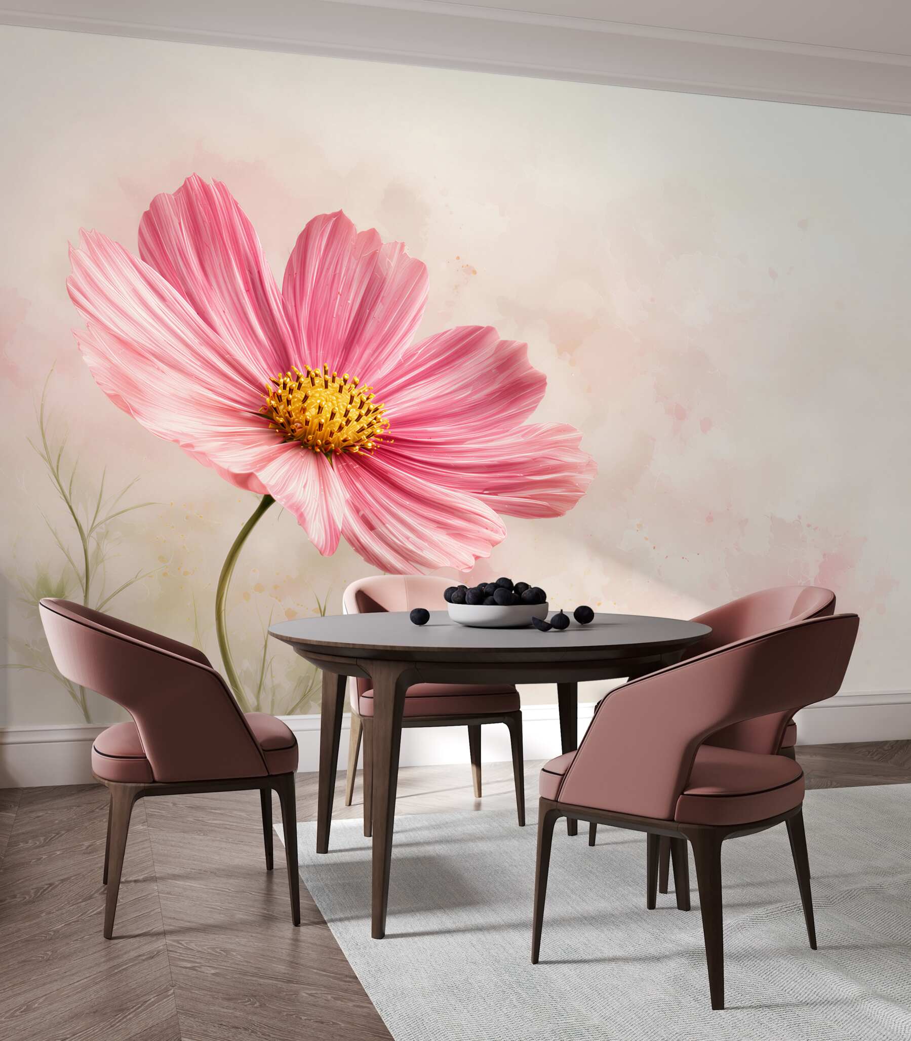 Papier peint fleur rose cosmos délicate sur fond clair