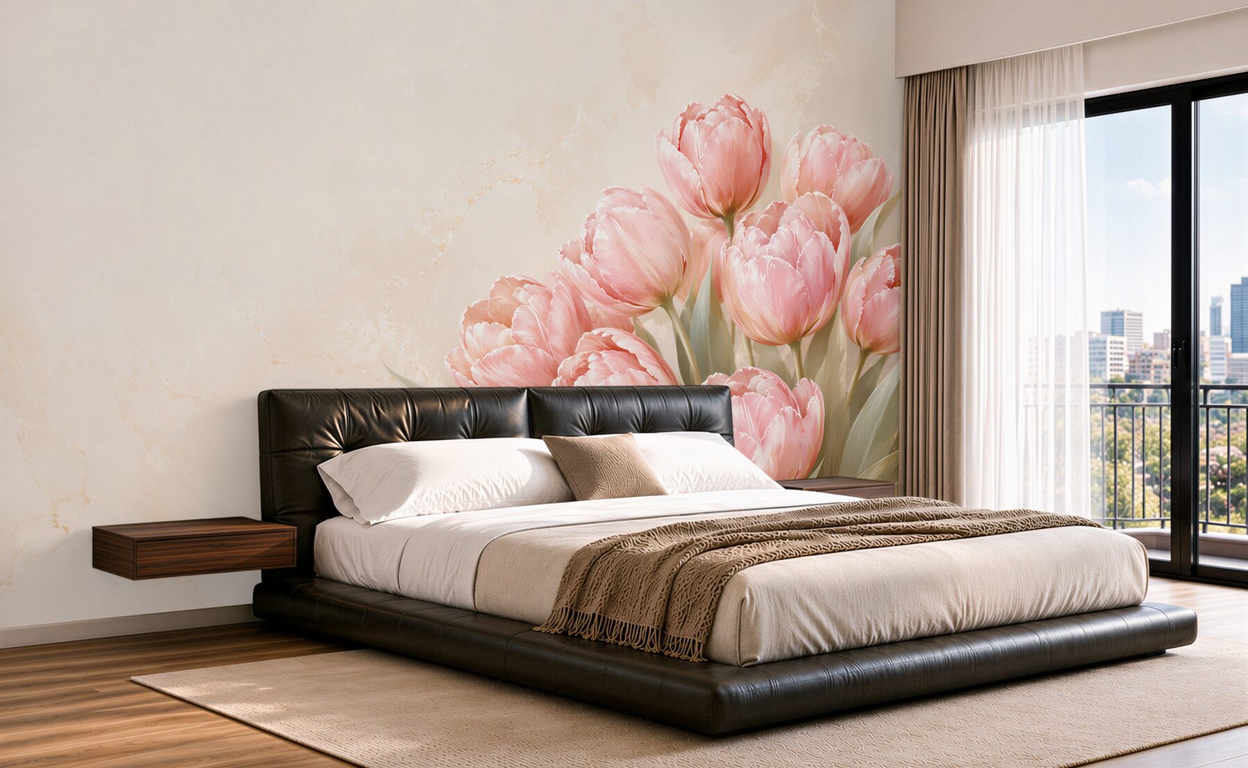 Papier peint tulipes roses sur fond beige élégantes pour le salon