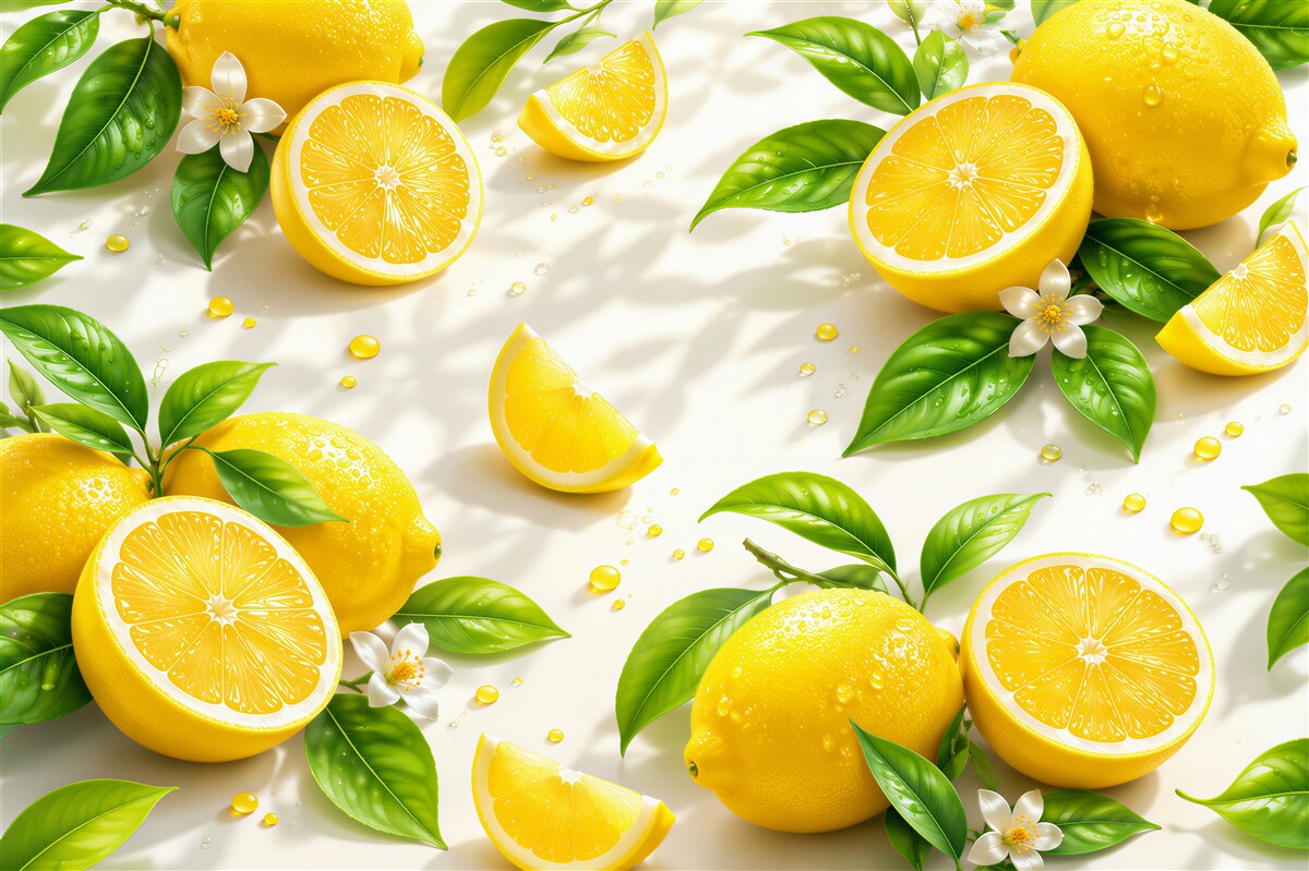 Papier peint citrons avec feuilles vertes motif fruité frais pour la cuisine