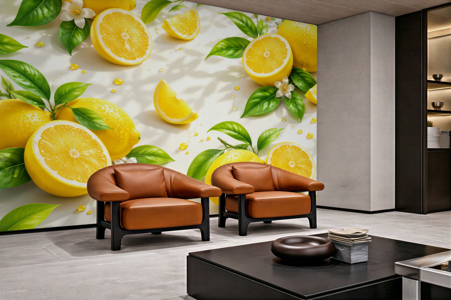Papier peint citrons avec feuilles vertes motif fruité frais pour la cuisine