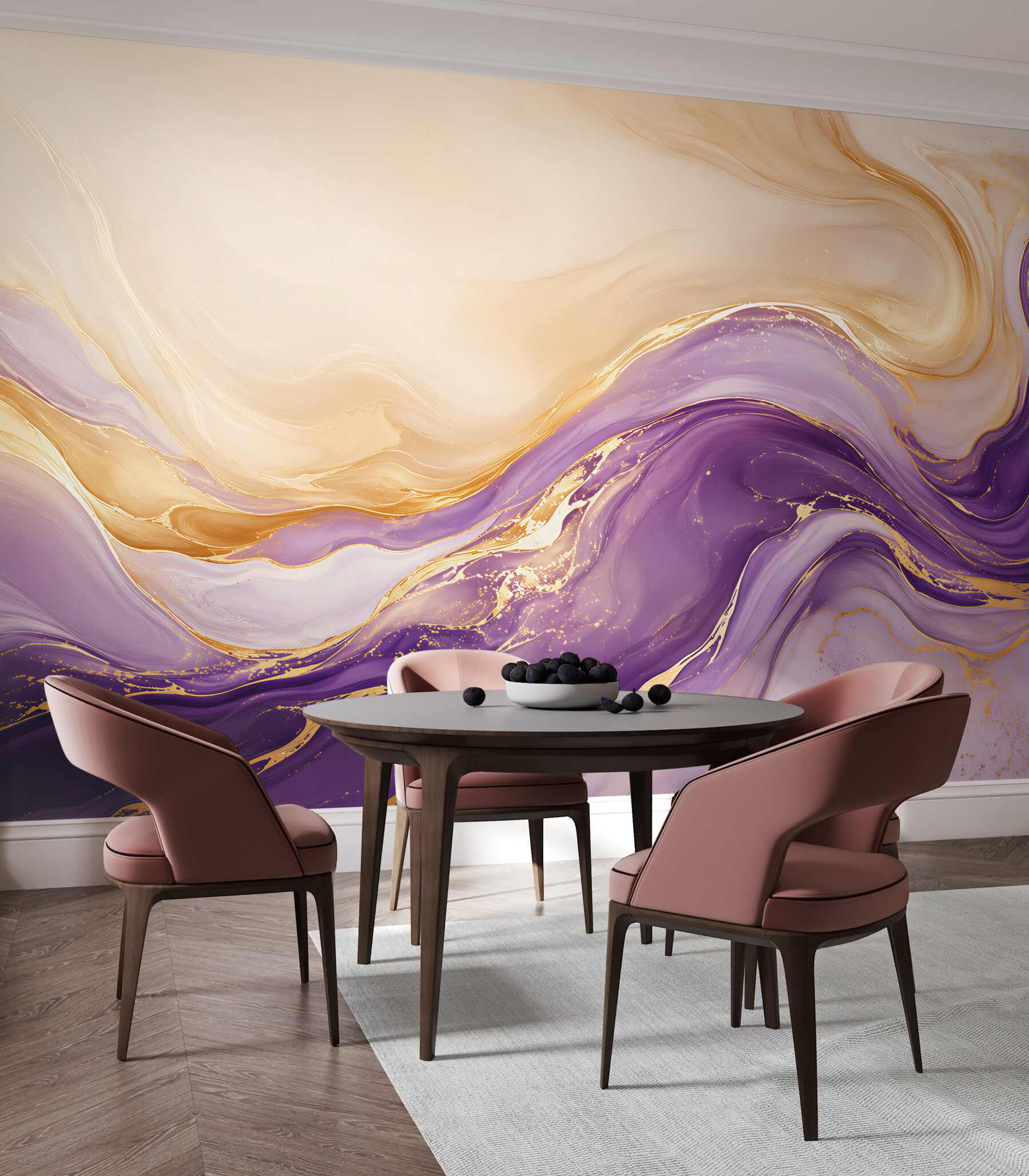 Papier peint vagues abstraites violettes avec de l'or élégantes pour le salon