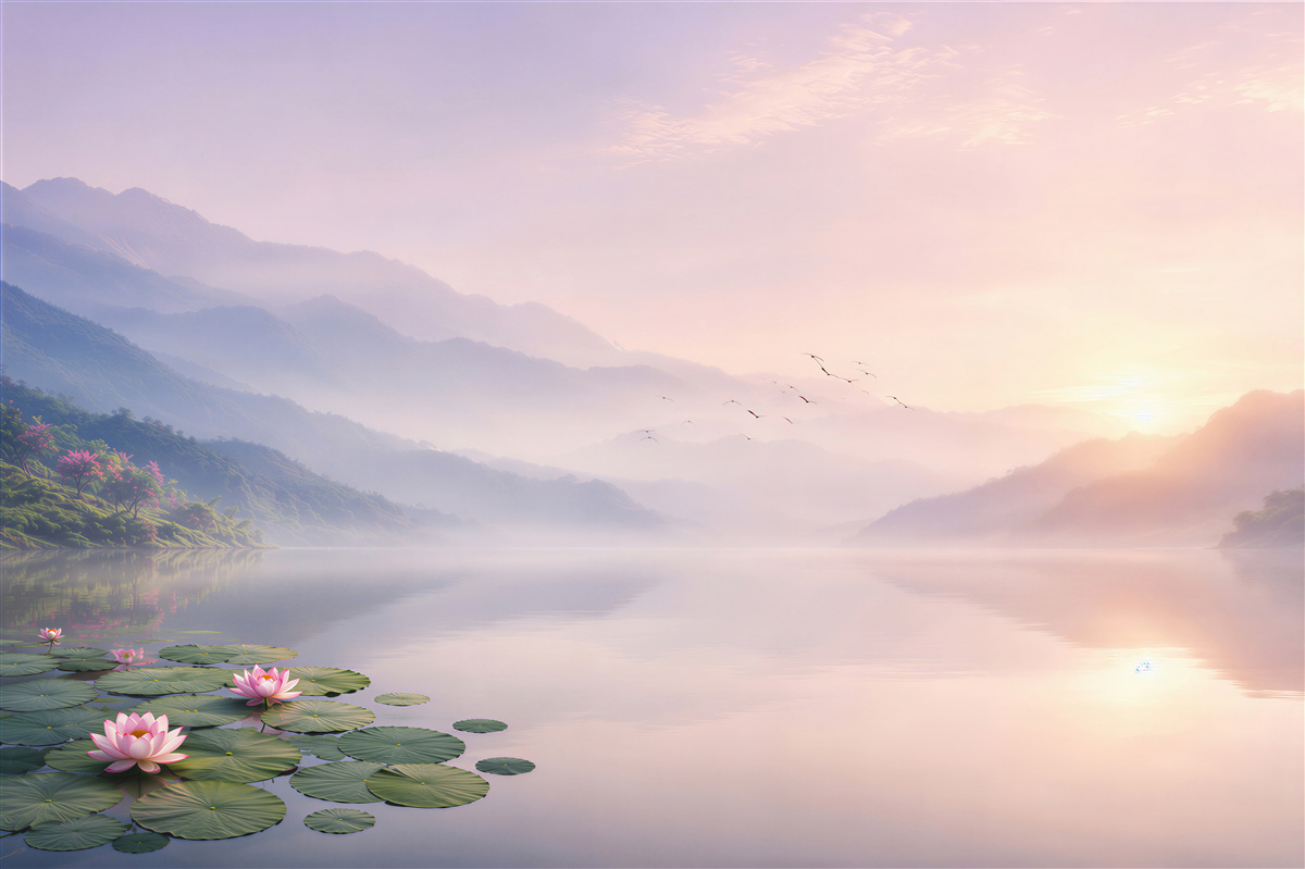 Papier peint lac au lever du soleil avec des nénuphars et des montagnes dans le brouillard