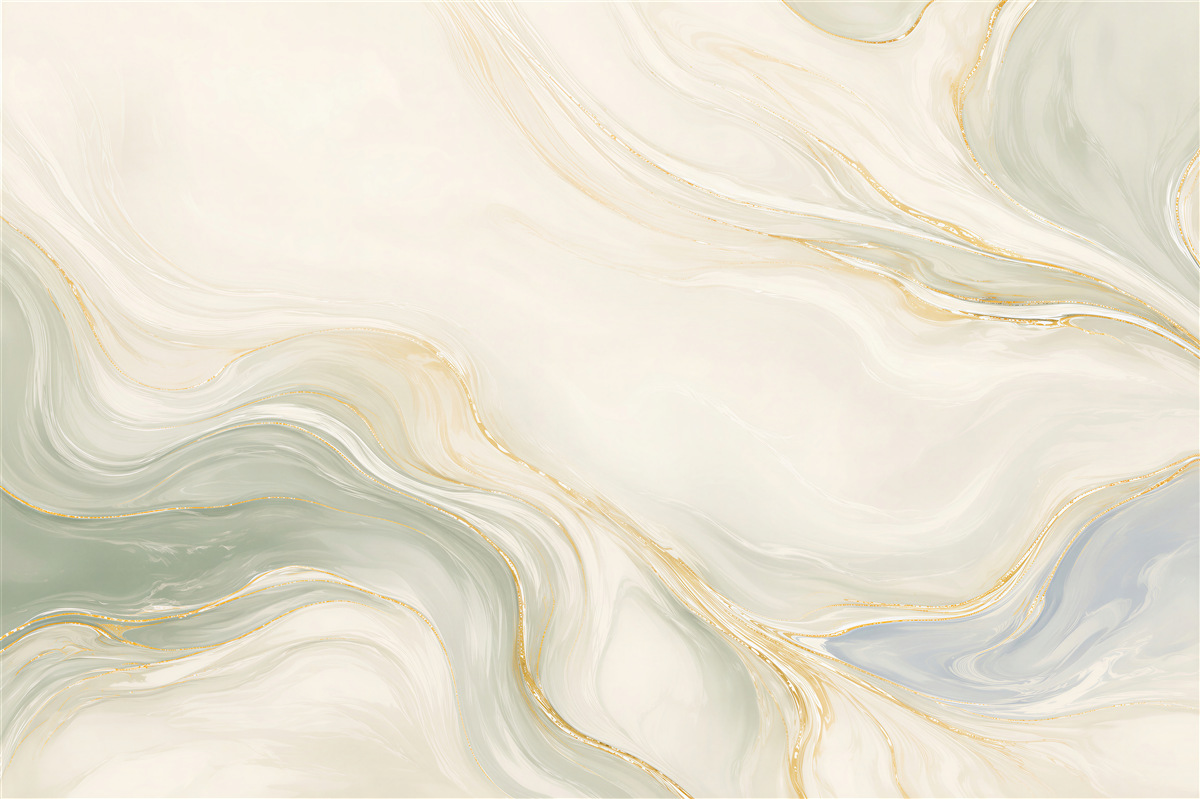 Papier peint marbre liquide crème vert avec des accents dorés