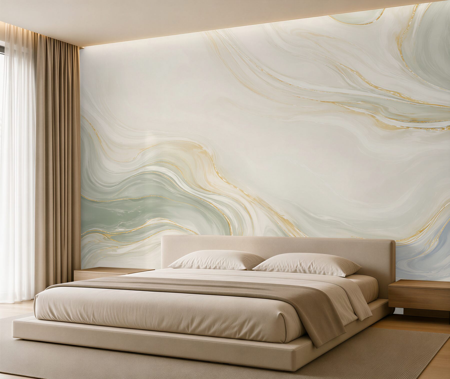 Papier peint marbre liquide crème vert avec des accents dorés