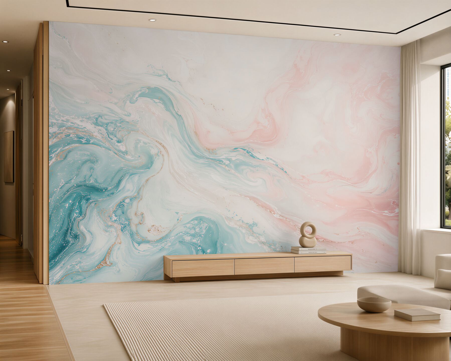 Papier peint vagues abstraites turquoise et rose poudré délicates pour la chambre