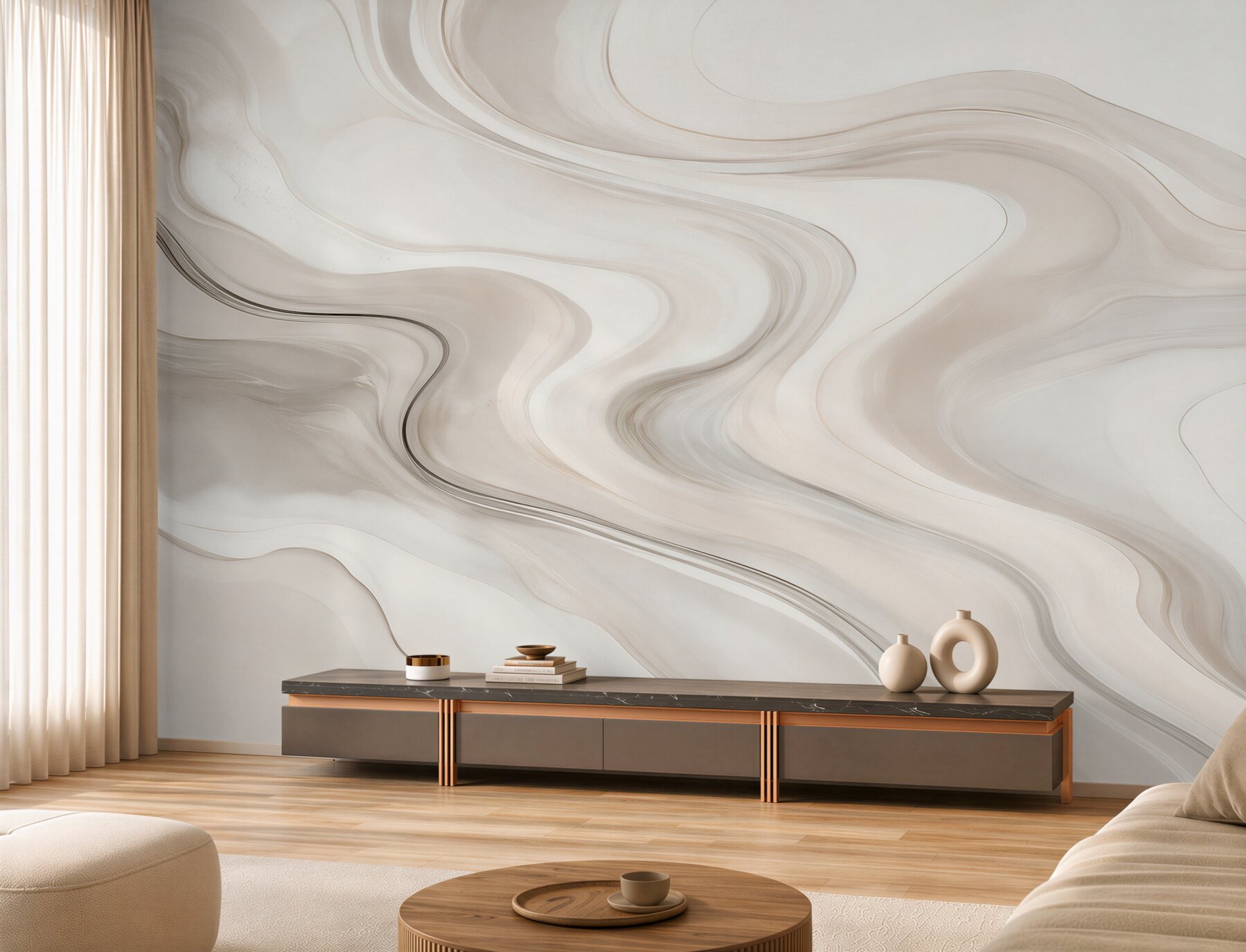Papier peint vagues abstraites beiges motif moderne pour le salon