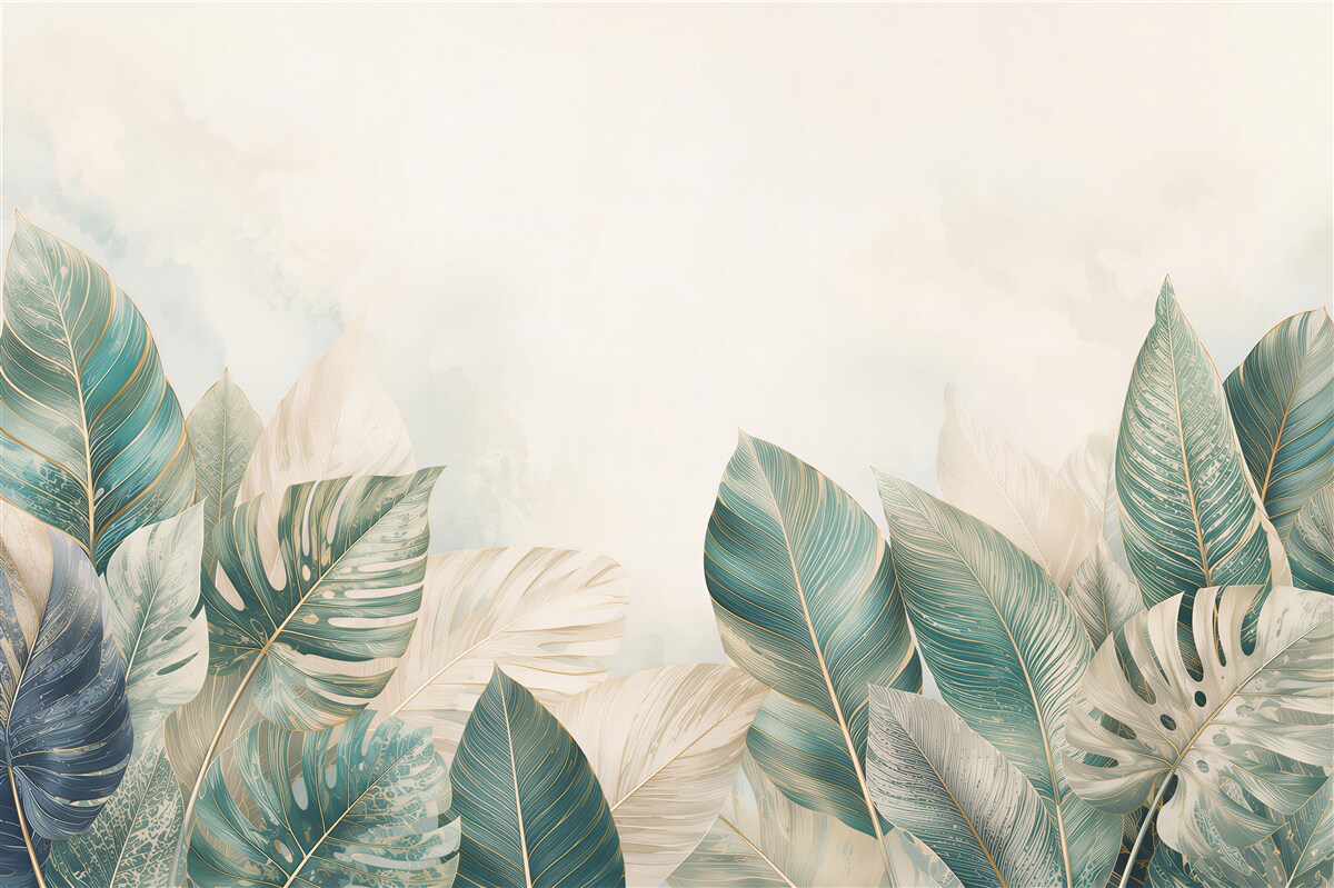 Papier peint feuilles tropicales beige et turquoise avec un léger accent doré