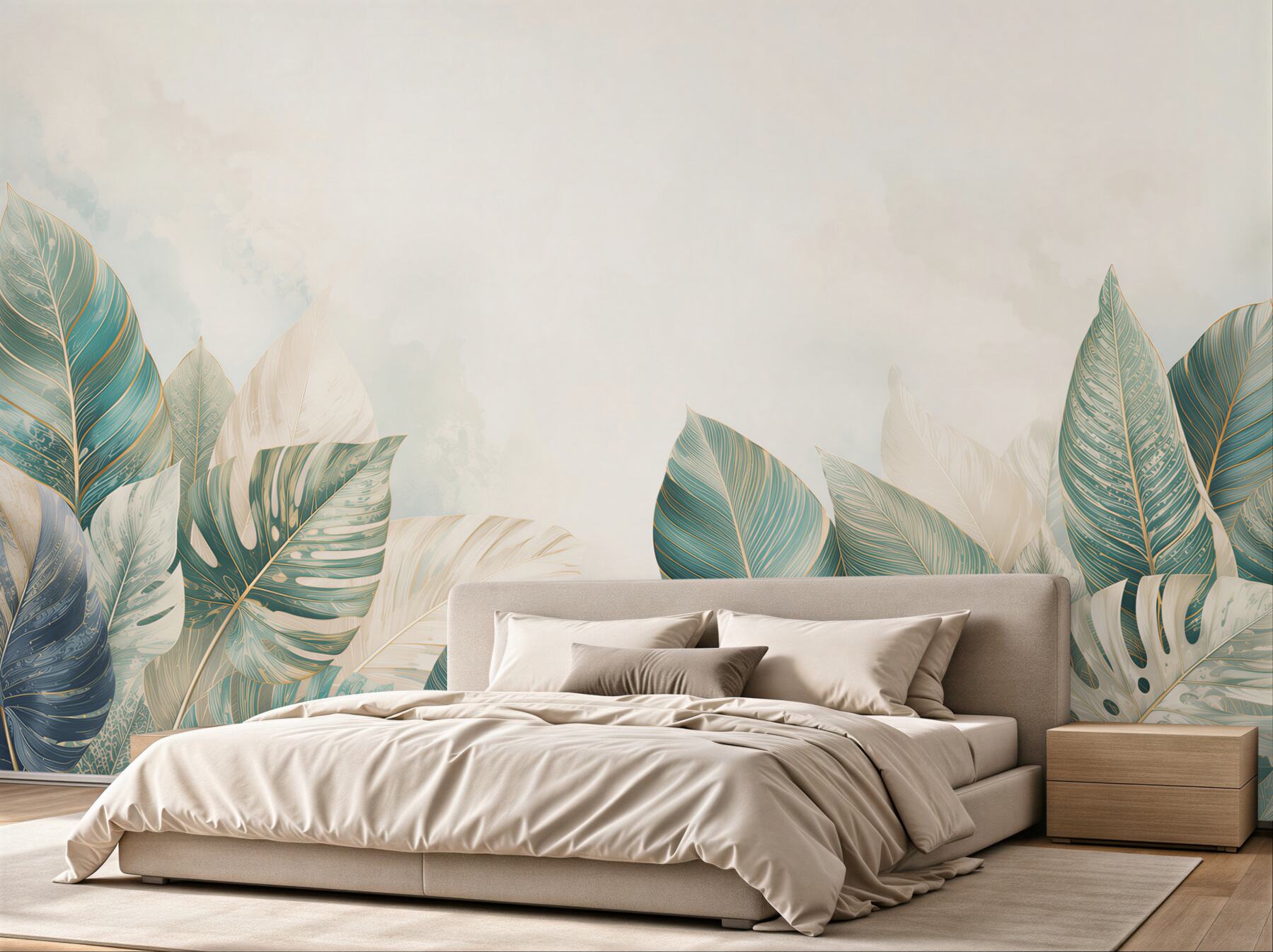 Papier peint feuilles tropicales beige et turquoise avec un léger accent doré