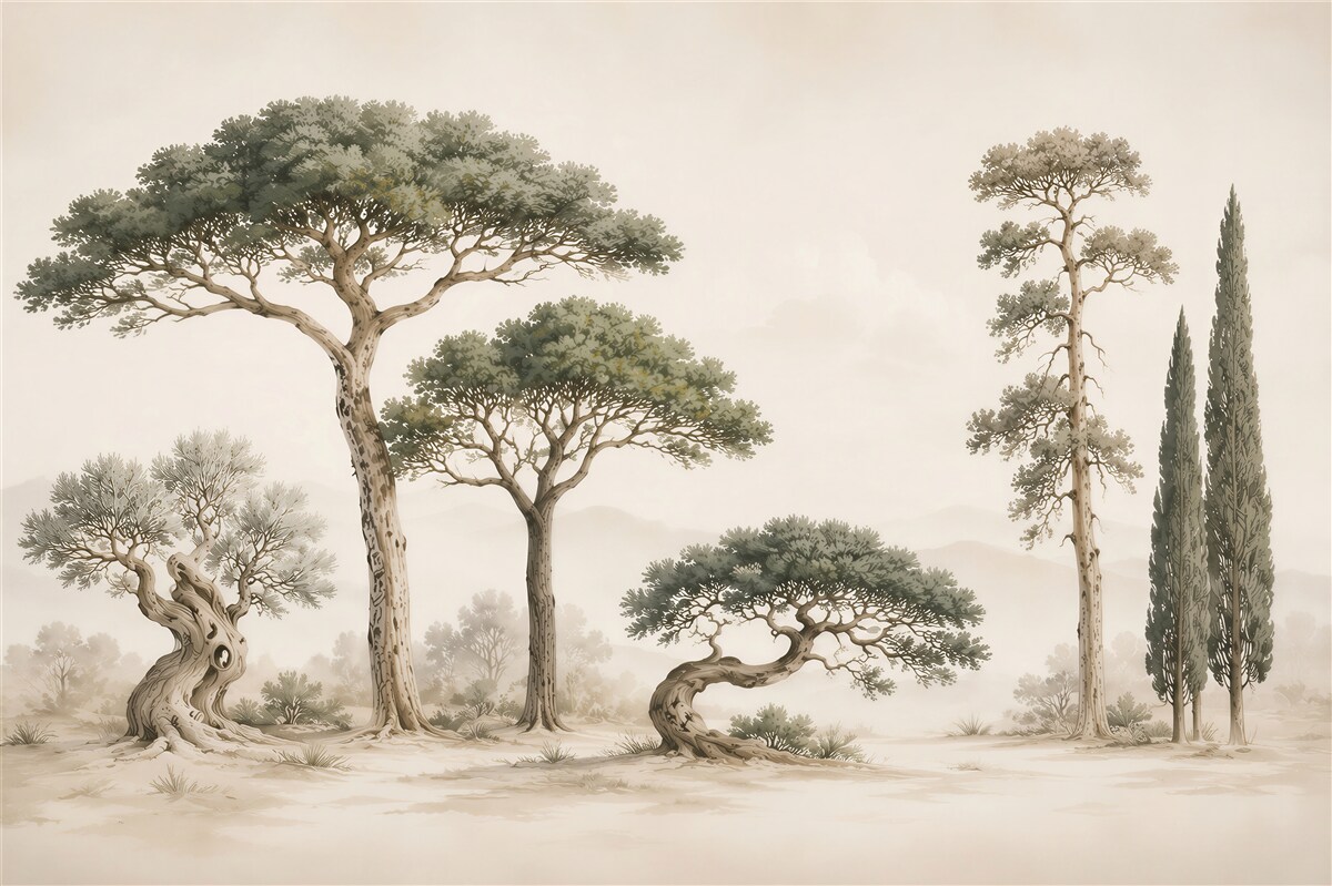 Papier peint arbres méditerranéens en tons beiges élégants