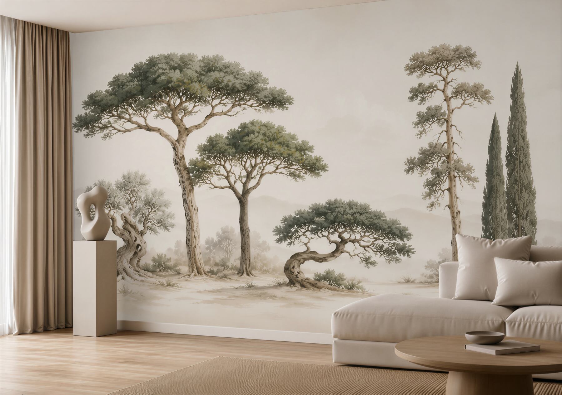 Papier peint arbres méditerranéens en tons beiges élégants