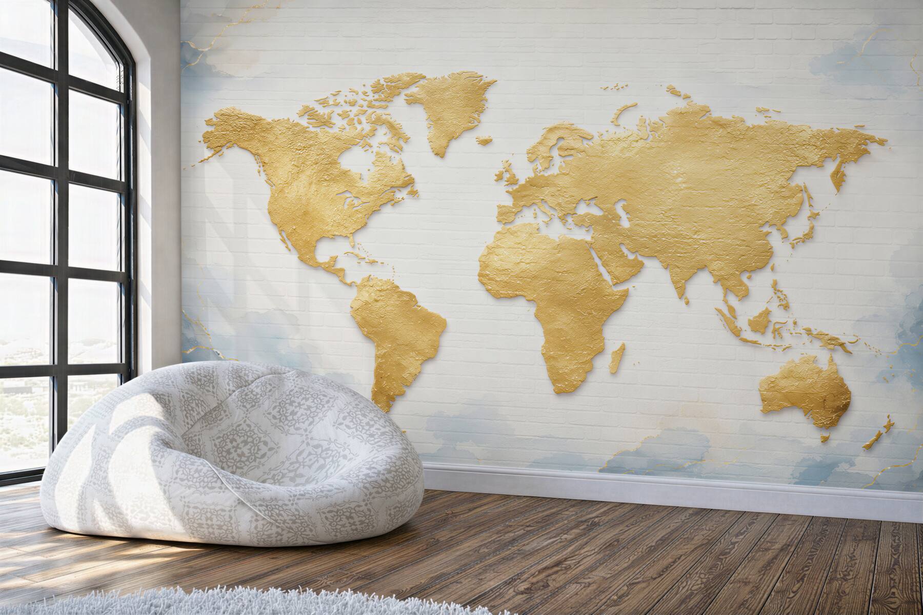 Papier peint carte du monde dorée sur brique blanche élégante