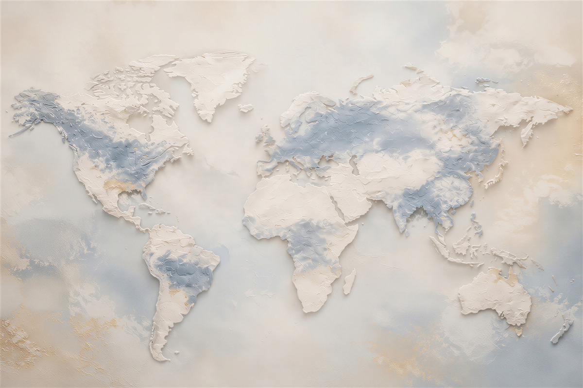 Papier peint carte du monde 3D beige et bleu moderne
