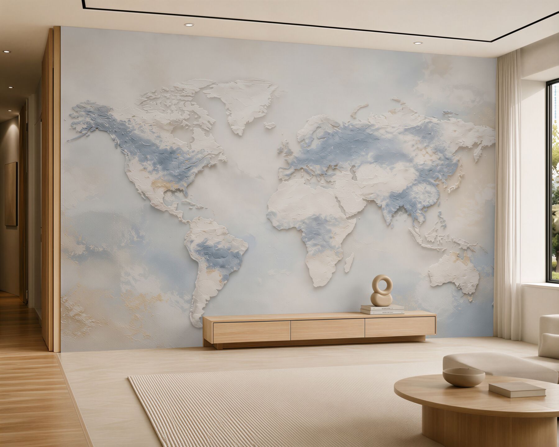 Papier peint carte du monde 3D beige et bleu moderne