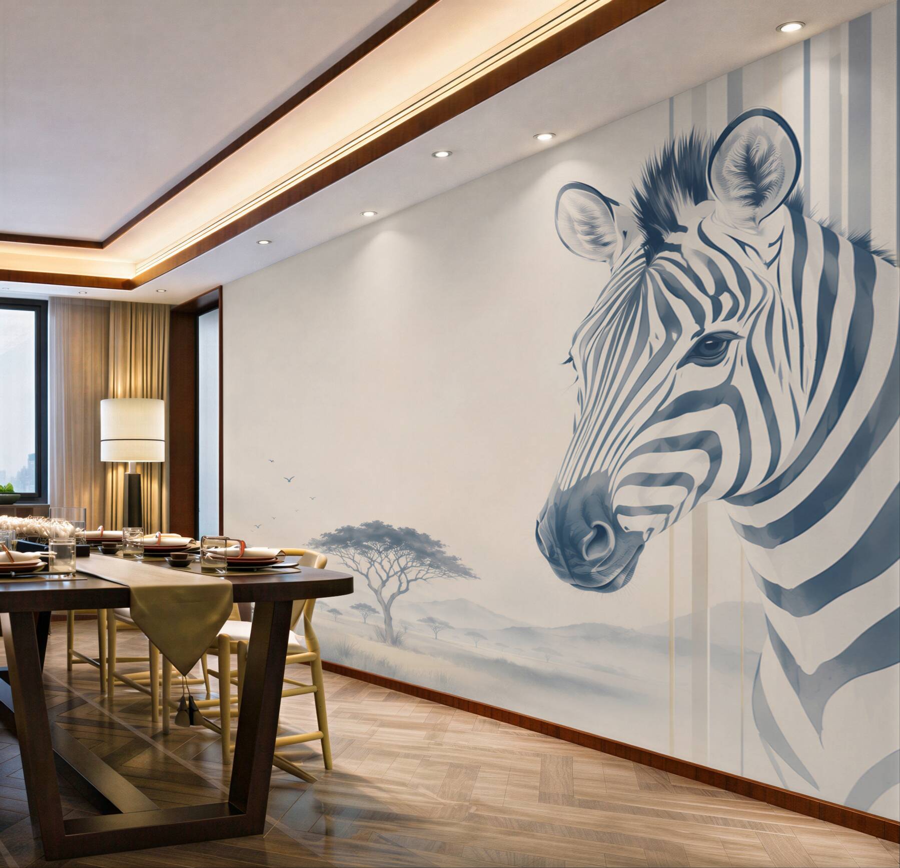 Papier peint zèbre dans la savane beige et grise moderne
