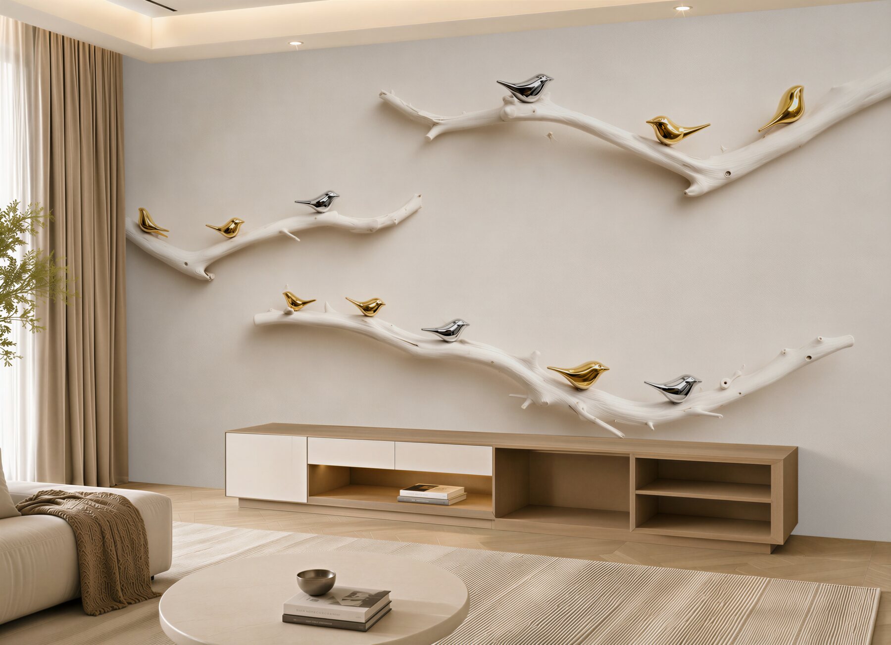 Papier peint oiseaux dorés et argentés sur des branches minimalistes 3D