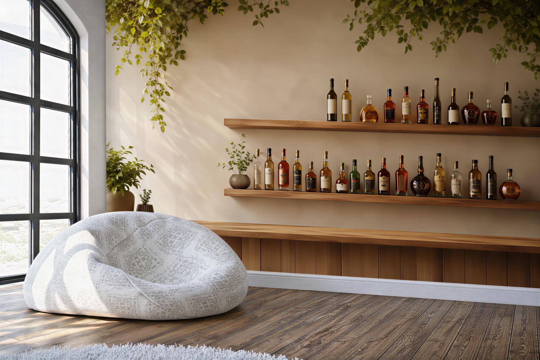 Papier peint étagères avec bouteilles de vin et verdure pour restaurant