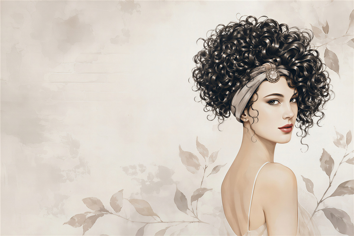 Papier peint portrait de femme avec boucles et feuilles dans des tons beiges