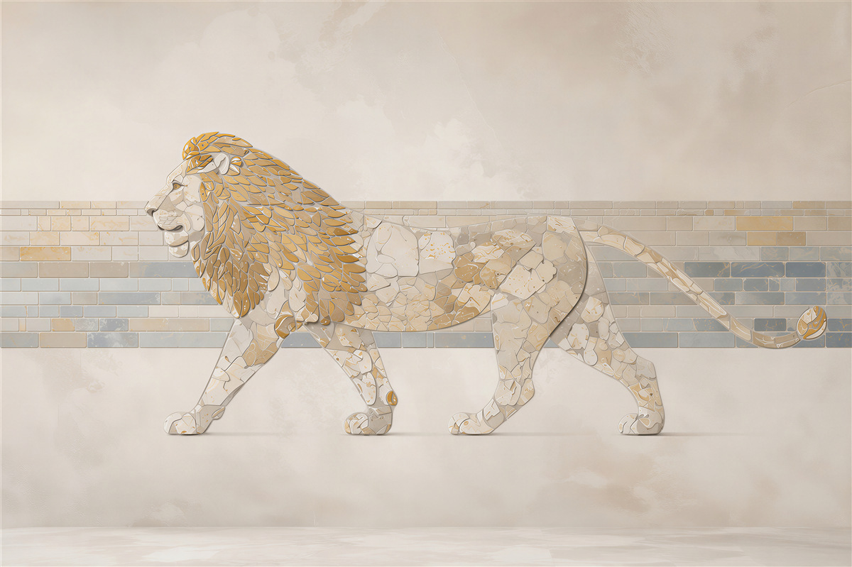 Papier peint lion mosaïque beige et doré décoration murale moderne