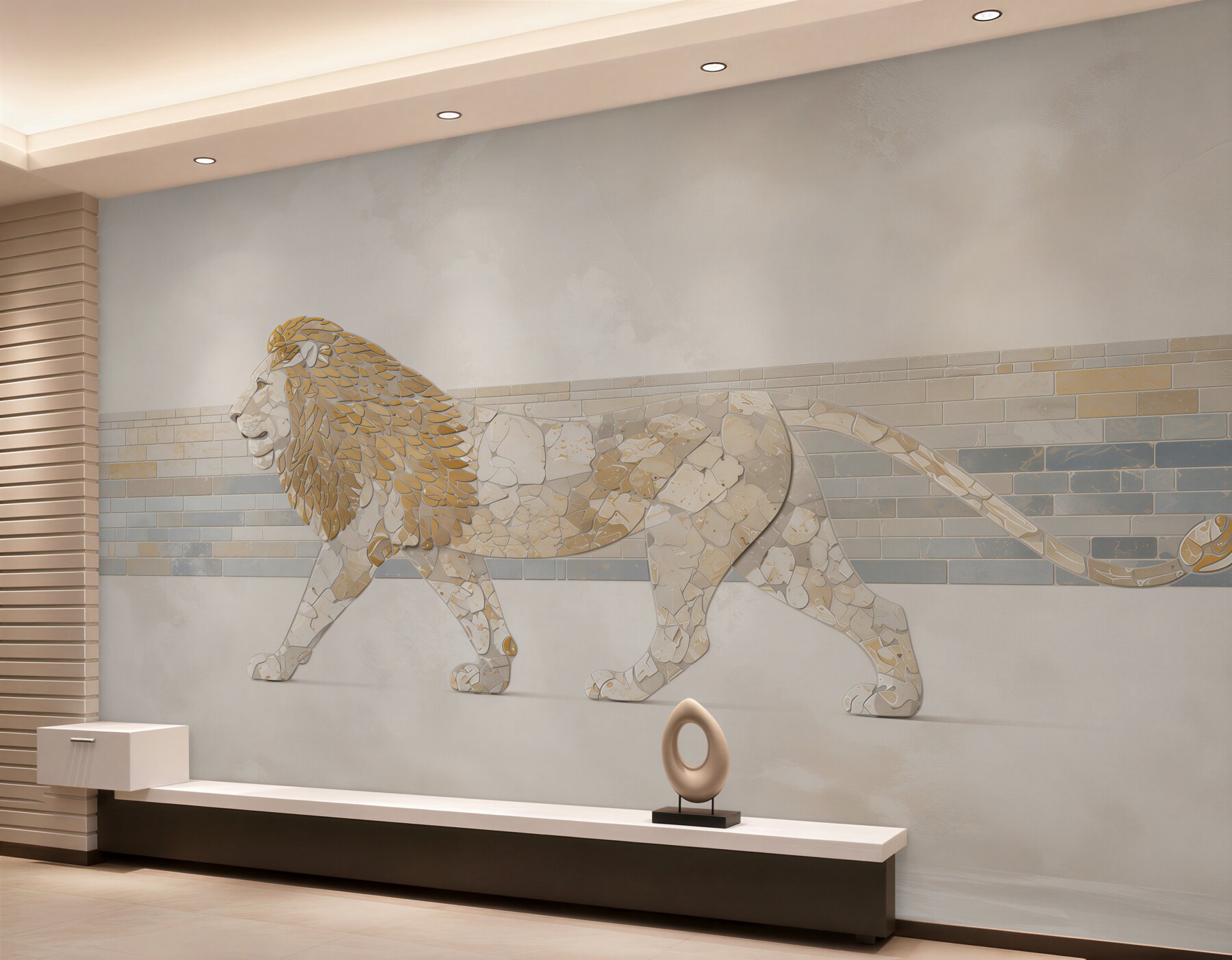 Papier peint lion mosaïque beige et doré décoration murale moderne