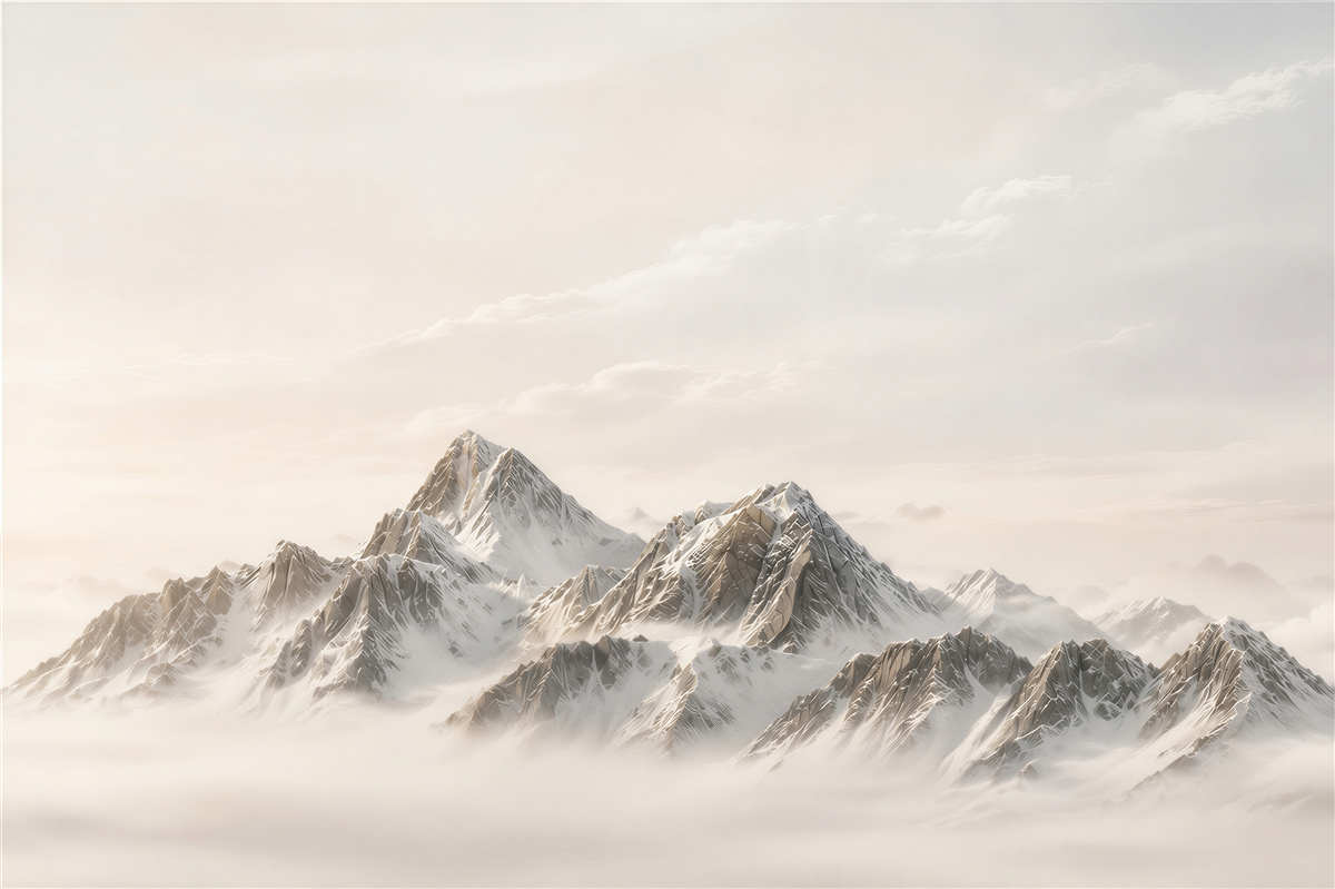 Papier peint montagnes enneigées au-dessus des nuages dans des tons beiges clairs