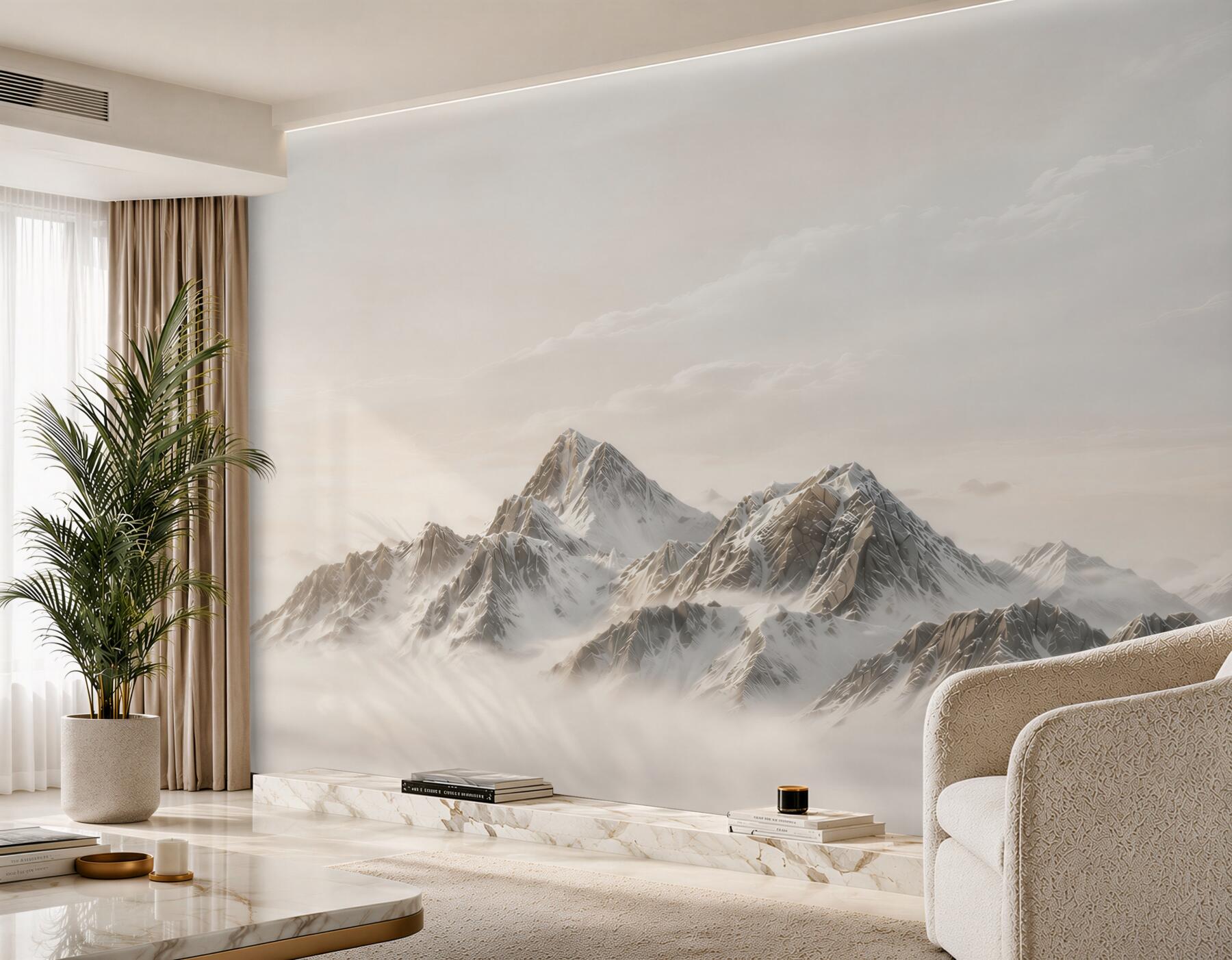 Papier peint montagnes enneigées au-dessus des nuages dans des tons beiges clairs
