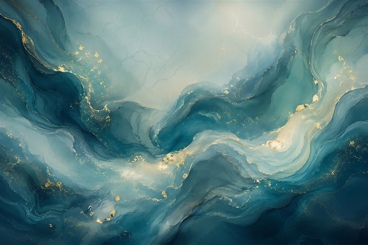 Papier peint vagues abstraites turquoises avec accents dorés pour le salon