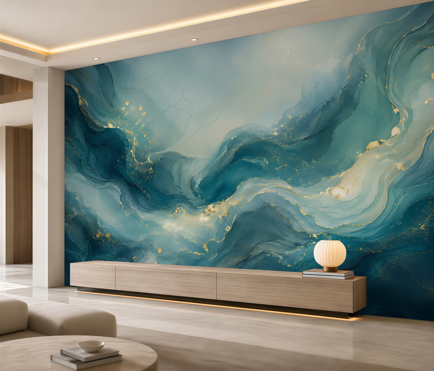 Papier peint vagues abstraites turquoises avec accents dorés pour le salon