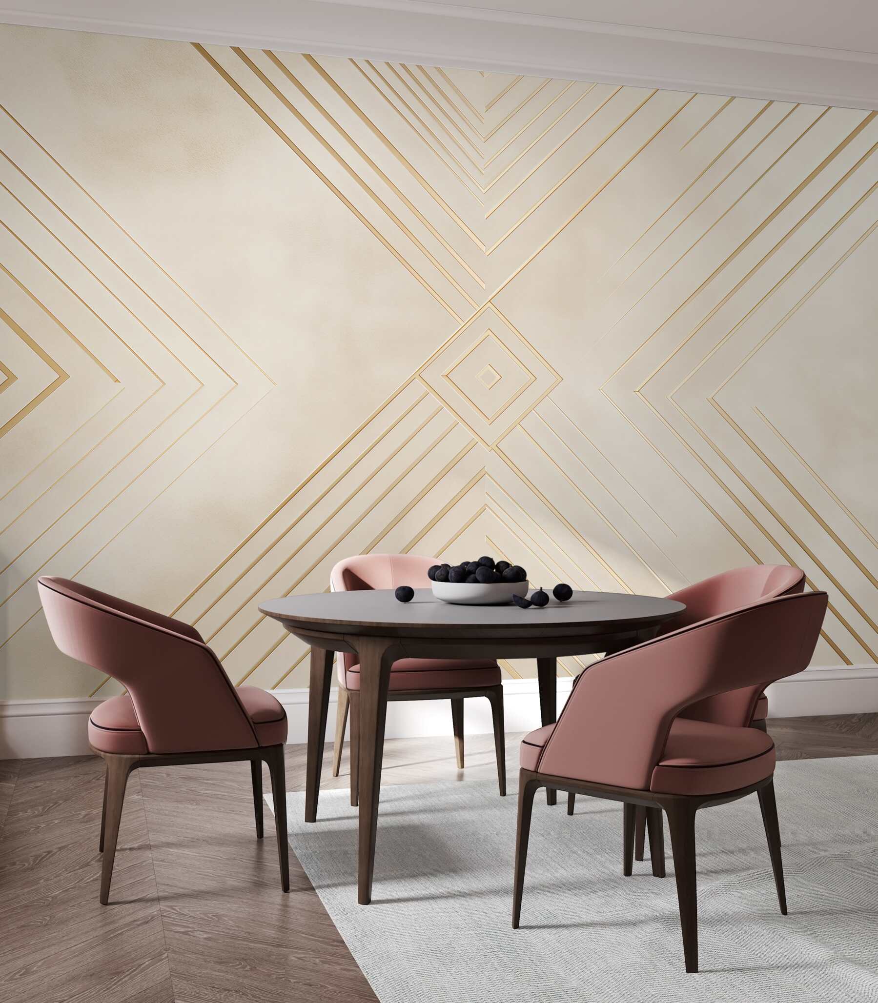 Papier peint géométrique art déco beige avec des lignes dorées pour le salon