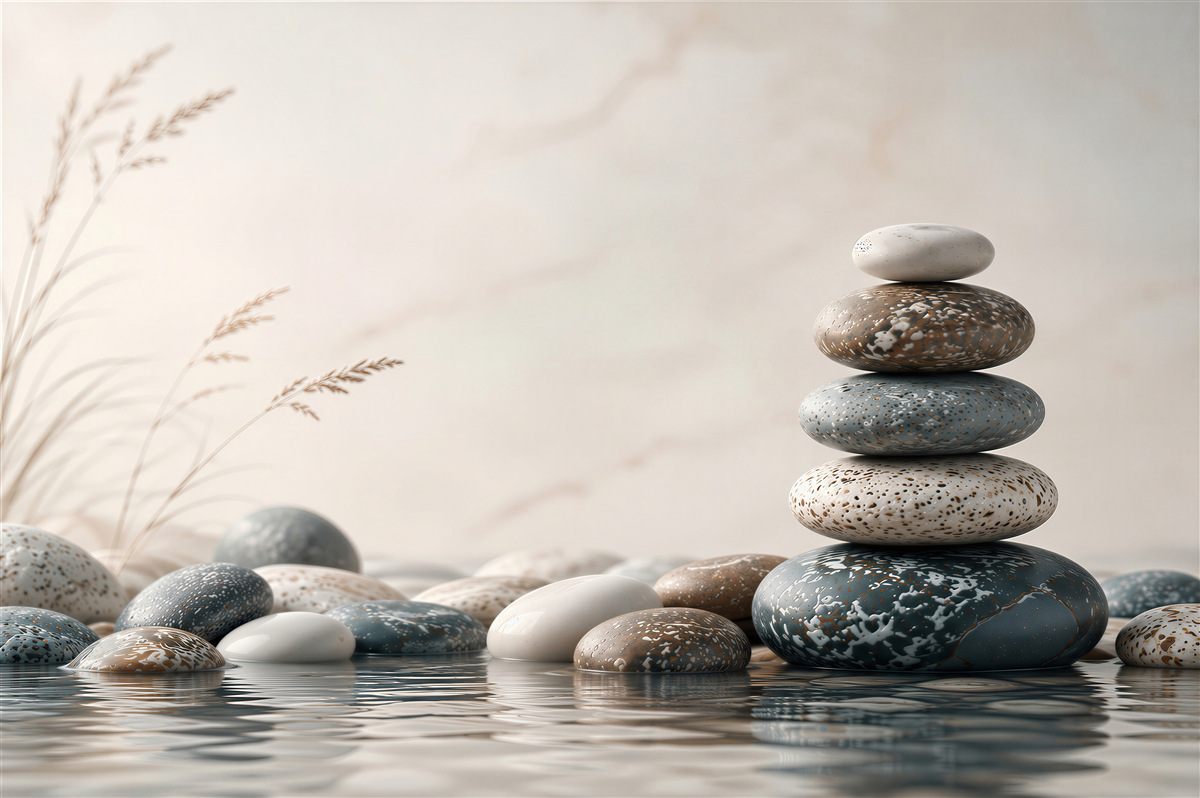 Papier peint pierres zen au-dessus de l'eau beige-gris motif apaisant spa