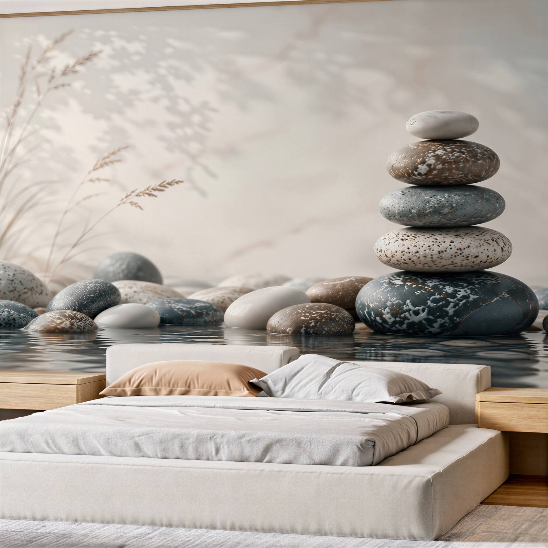 Papier peint pierres zen au-dessus de l'eau beige-gris motif apaisant spa