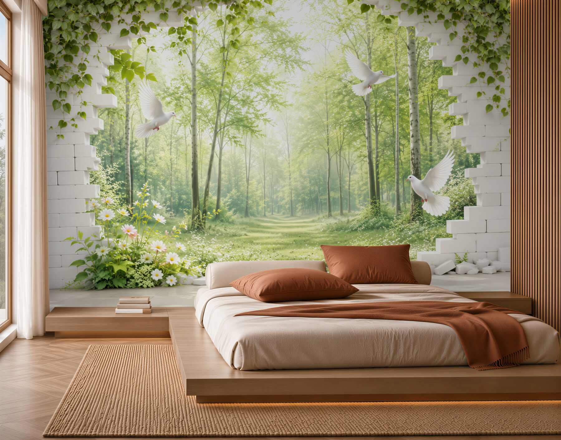 Papier peint clairière forestière avec des colombes blanches et du lierre vert