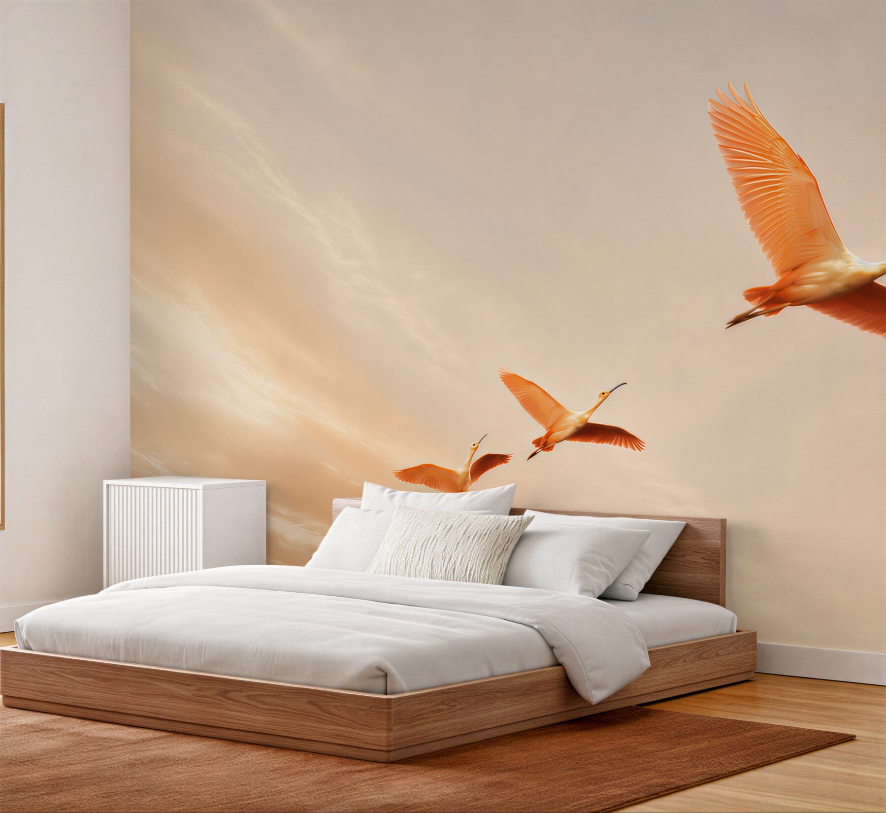 Papier peint ibis volant dans des beiges chauds décoration paisible pour le salon
