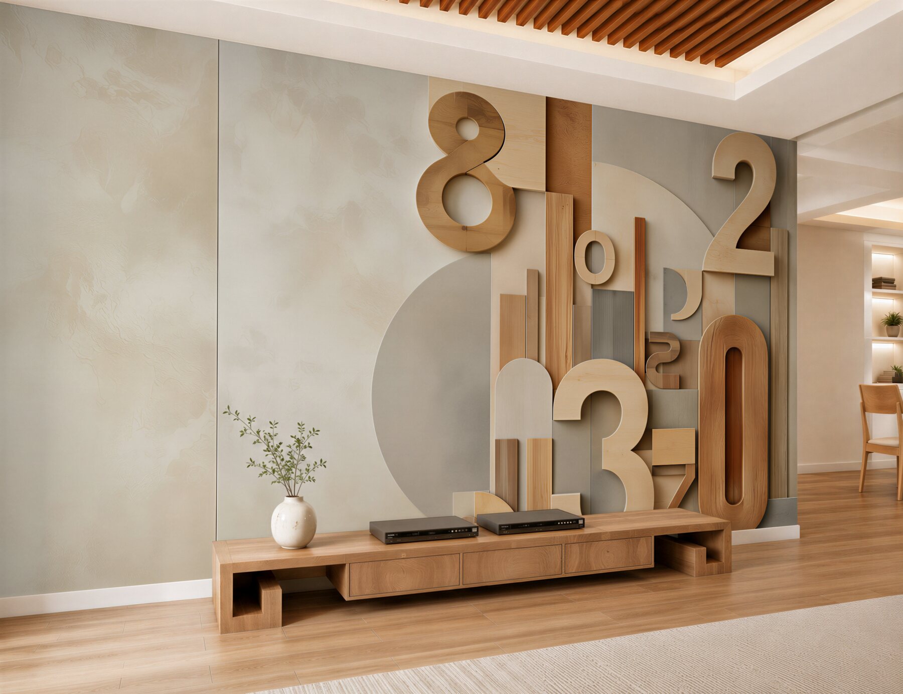 Papier peint chiffres géométriques 3D en bois beige moderne pour bureau