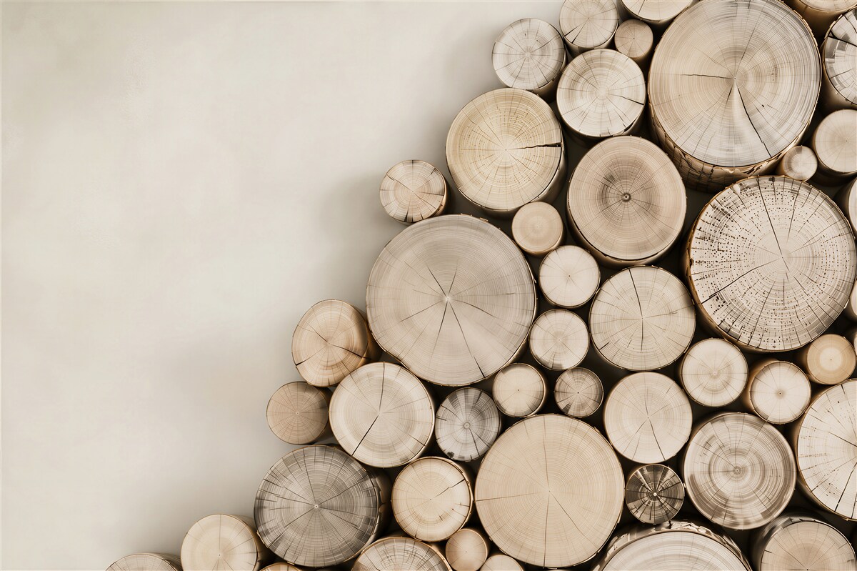 Papier peint tranches de bois claires sur fond neutre pour salon moderne