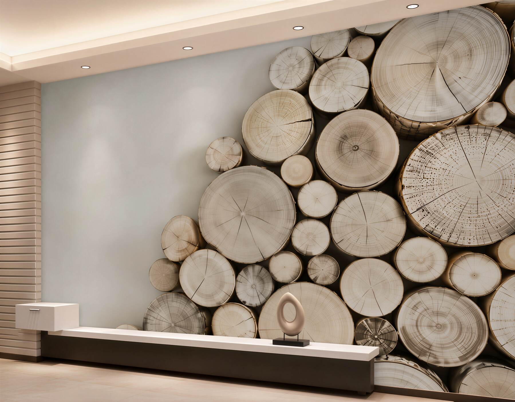 Papier peint tranches de bois claires sur fond neutre pour salon moderne
