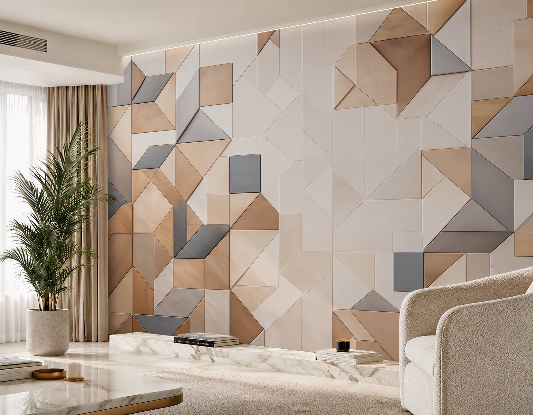 Papier peint panneaux géométriques en bois beige-gris moderne 3D