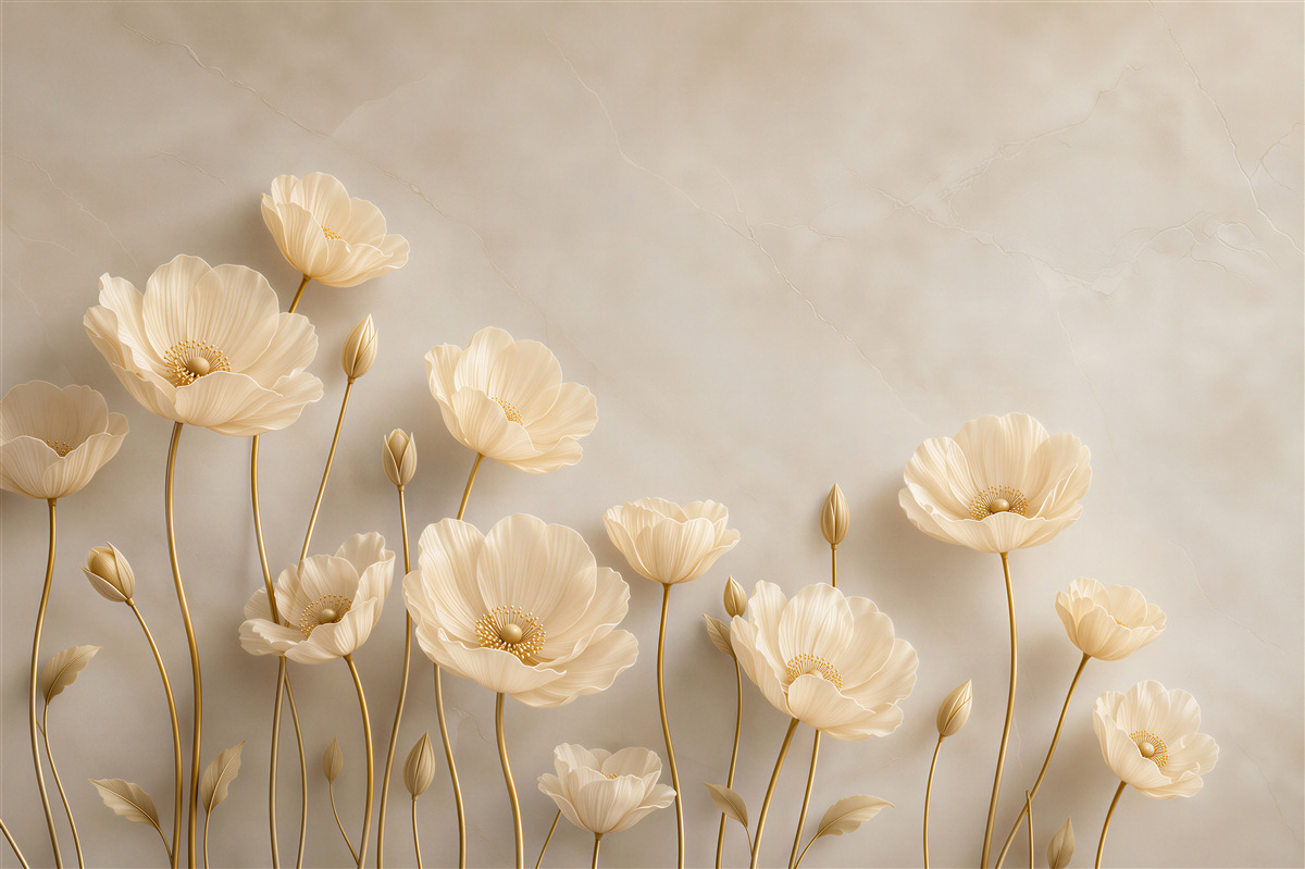 Papier peint fleurs crème sur tiges dorées élégantes pour la chambre