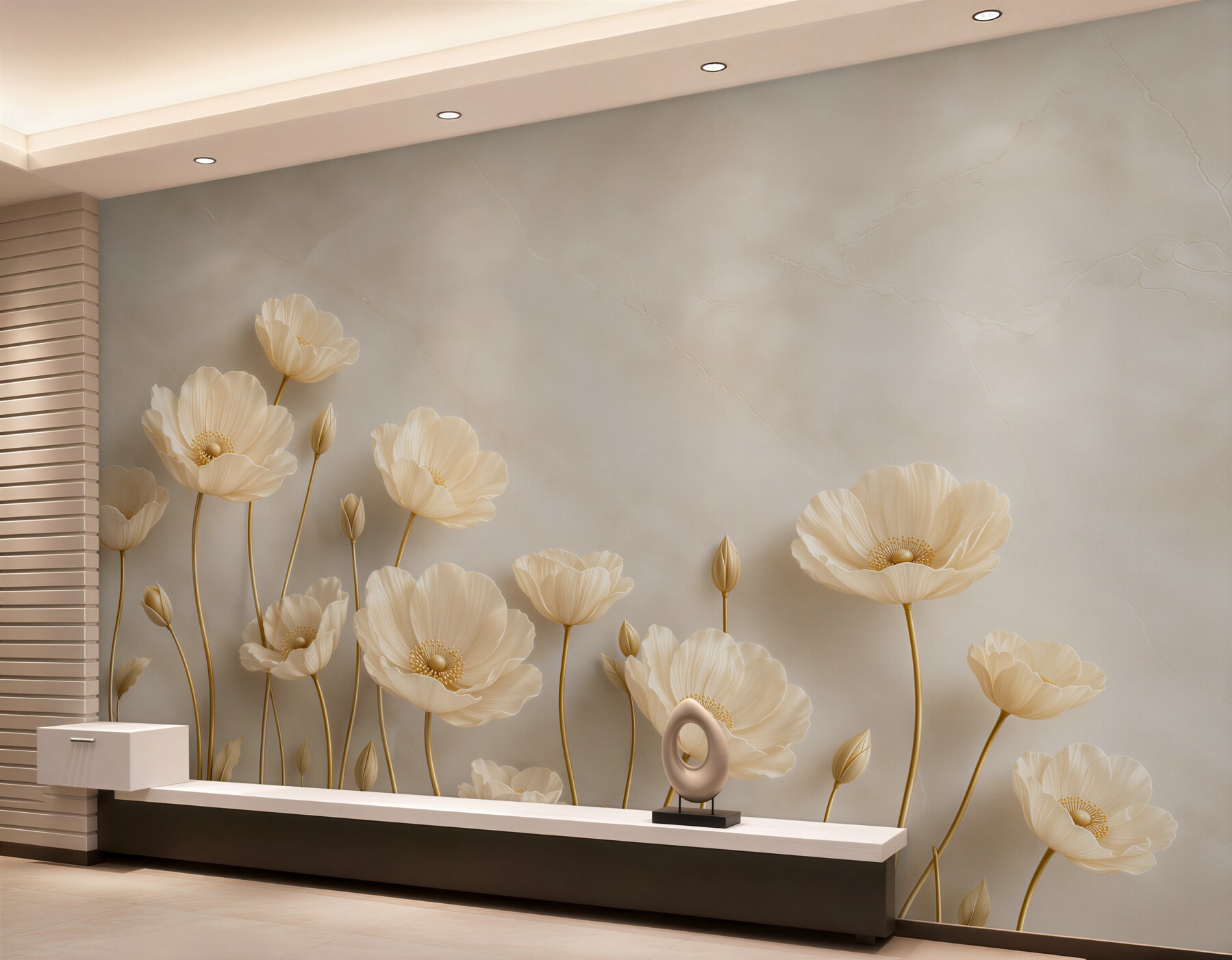 Papier peint fleurs crème sur tiges dorées élégantes pour la chambre