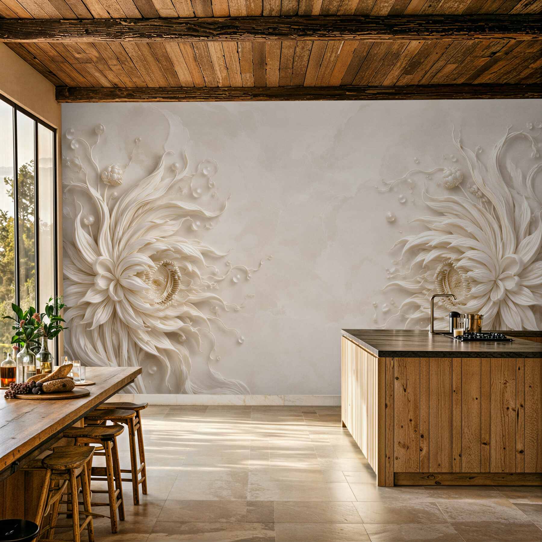 Papier peint fleurs 3D beiges élégantes pour la chambre