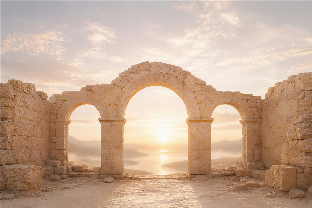 Papier peint arches en pierre au lever du soleil dans un style méditerranéen