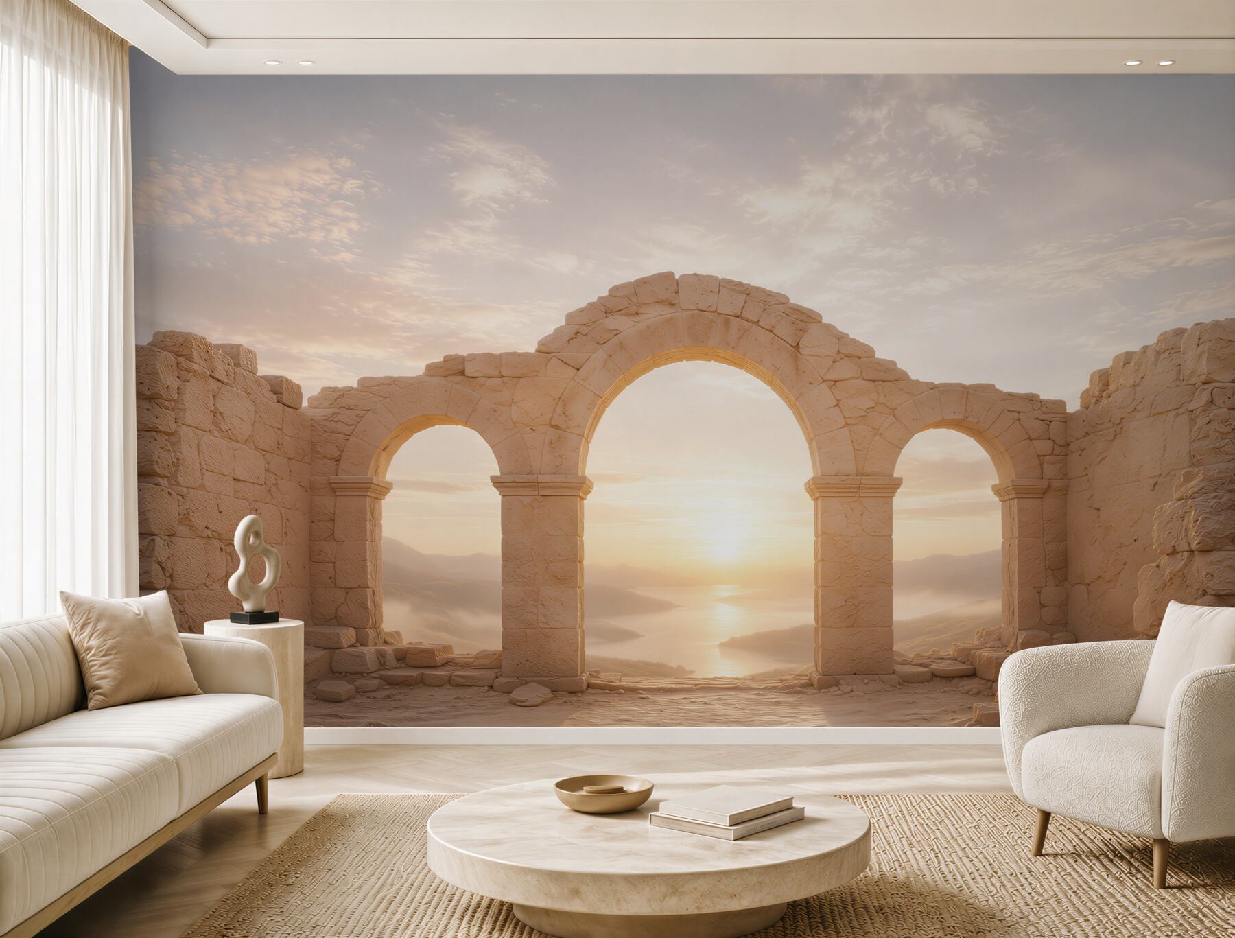 Papier peint arches en pierre au lever du soleil dans un style méditerranéen