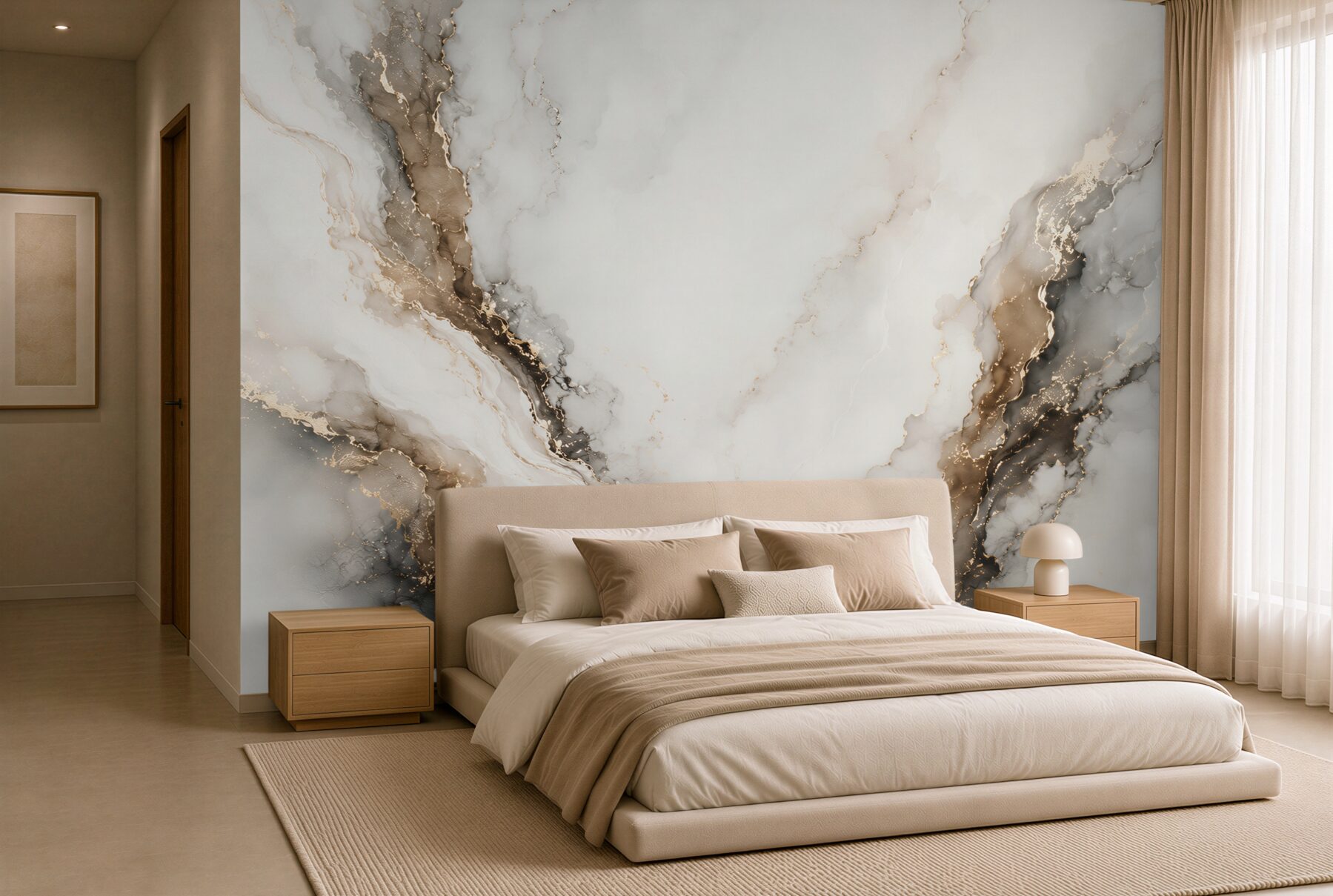 Papier peint marbre abstrait blanc et gris avec accents dorés