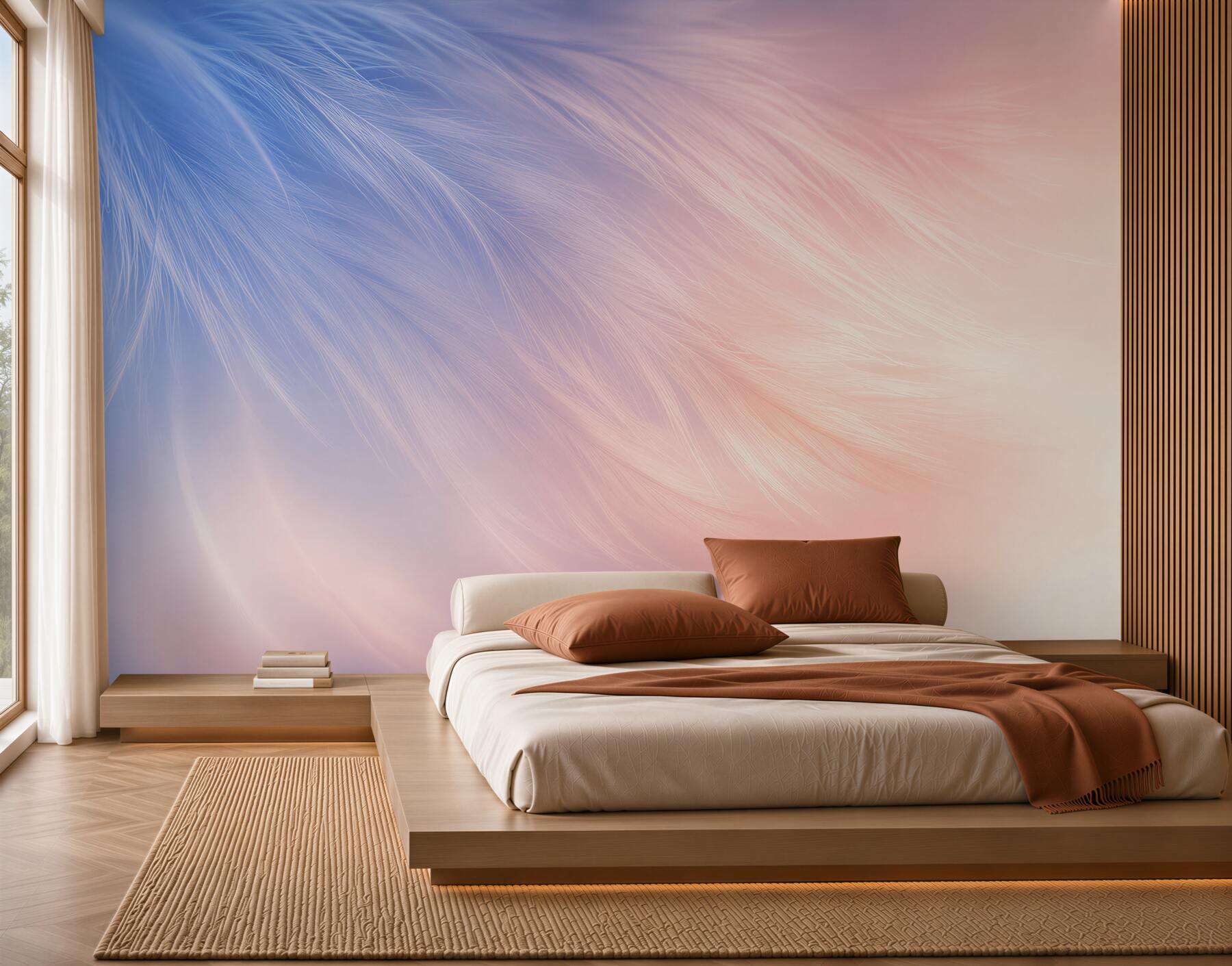 Papier peint plumes pastel rose et bleue délicates pour la chambre