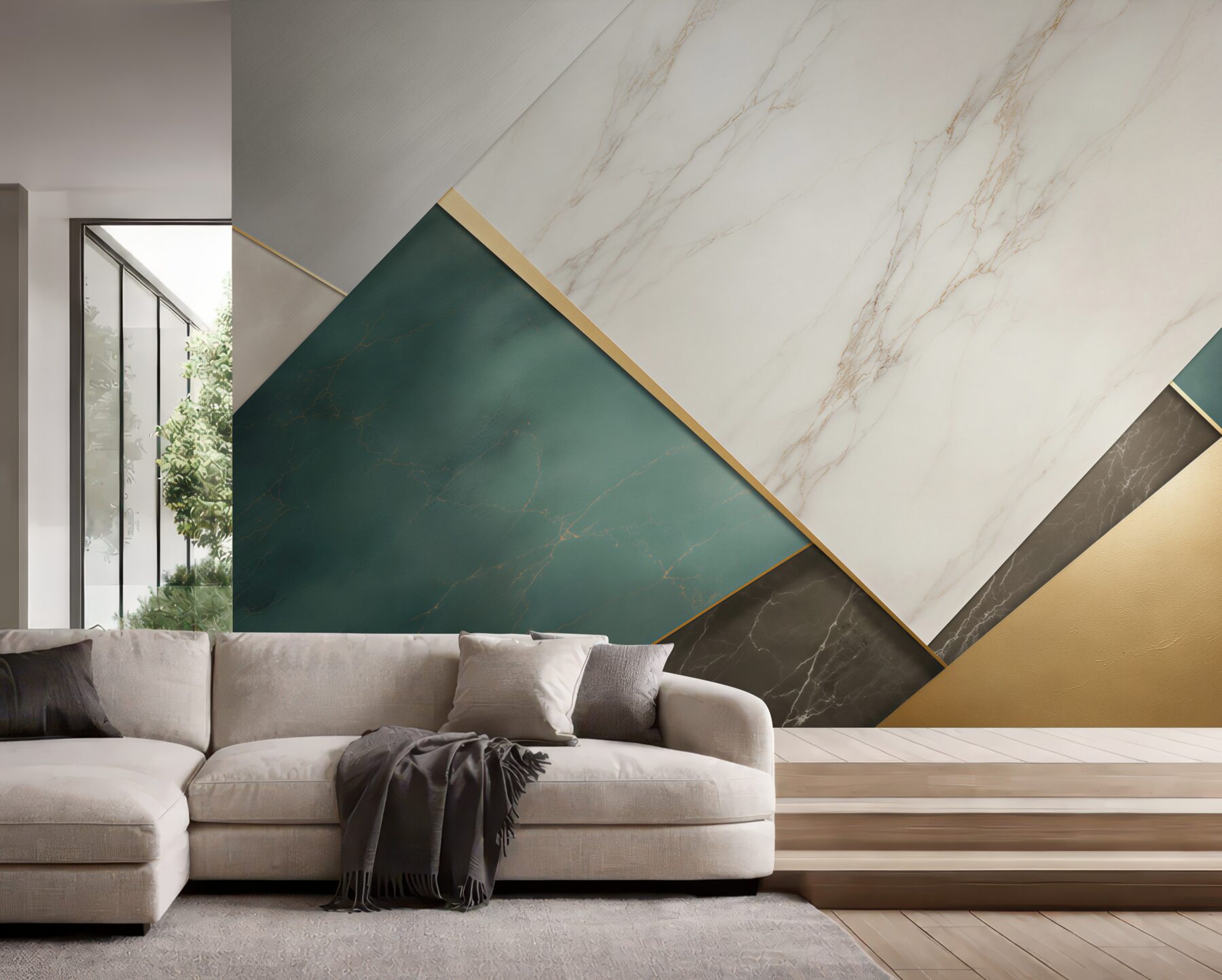 Papier peint marbre géométrique blanc vert avec des accents dorés moderne