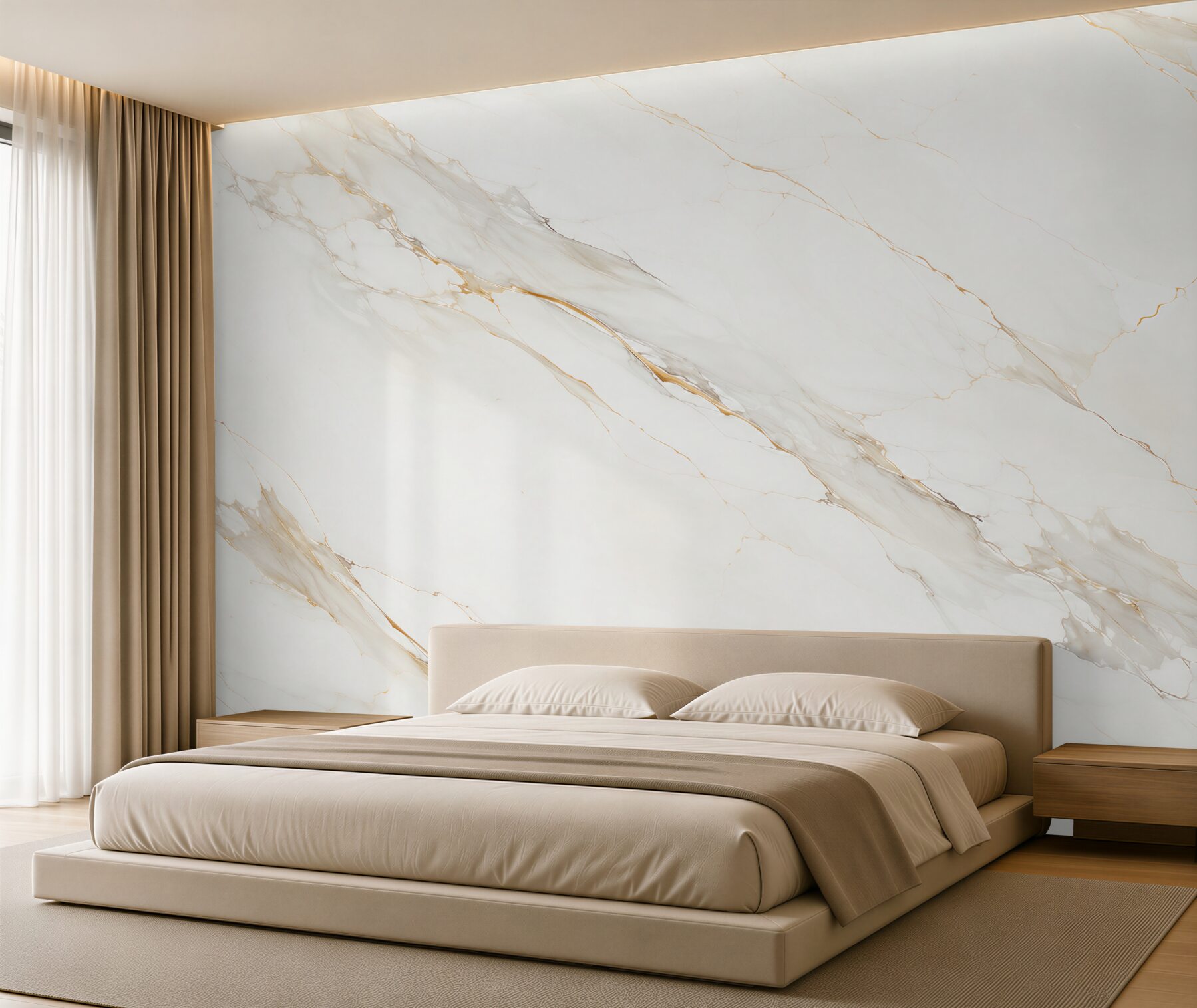 Papier peint marbre blanc avec de délicates veines dorées pour un salon élégant
