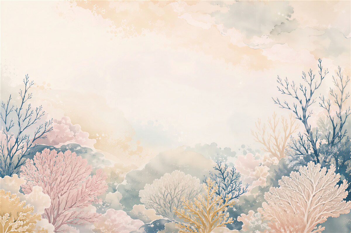 Papier peint forêt magique pastel avec des arbres et des nuages pour enfants