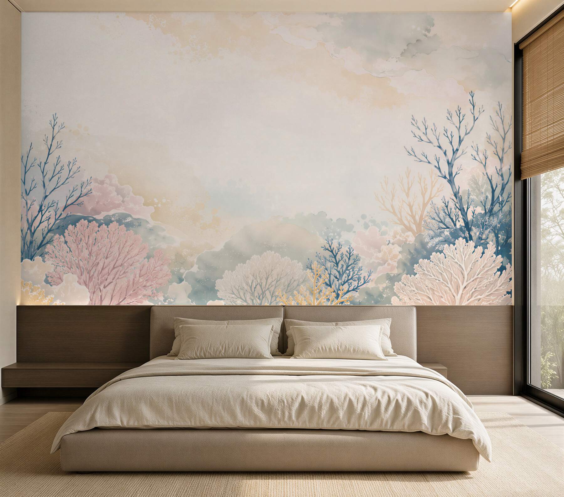 Papier peint forêt magique pastel avec des arbres et des nuages pour enfants