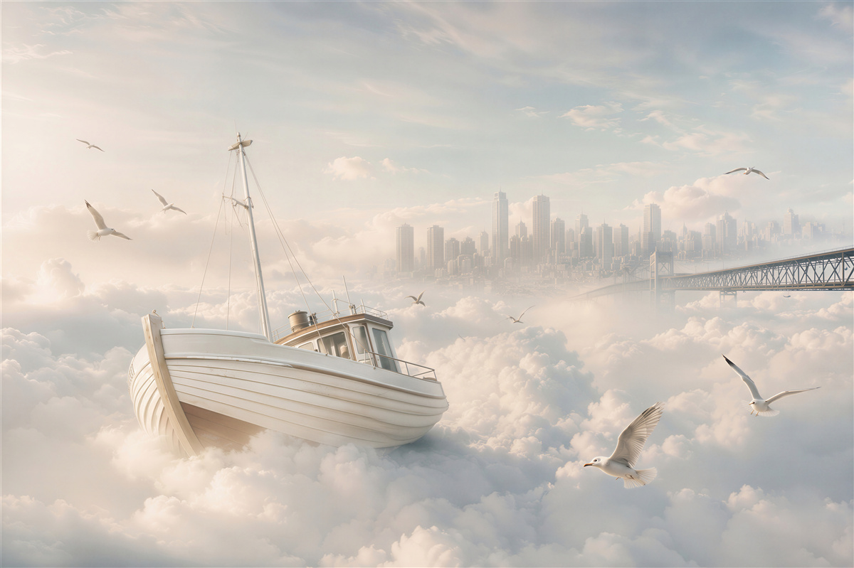 Papier peint bateau dans les nuages avec des mouettes et une ville surréaliste pastel
